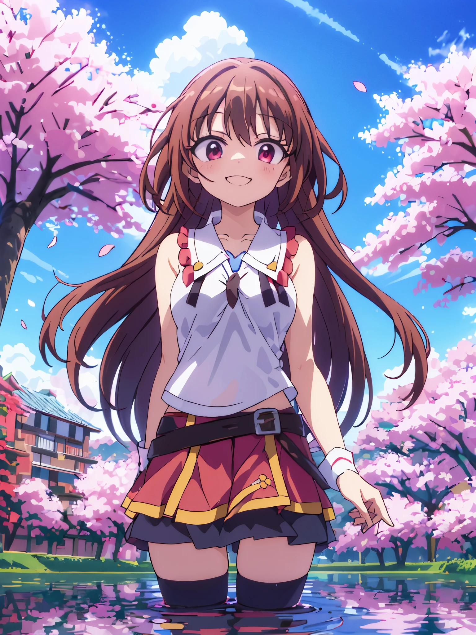 Megumin Konosuba, solo, Falda, ojos rojos, cabellos cortos, smile, Ajedrez, arms behind the back, Mirando al espectador, dos lados arriba, ombligo, Uniforme escolar, Falda marrom, camisa, franja, camisa blanca, diafragma, mangas largas, By the chestnut, collar marinero, senos, boca cerrada, hierba revoloteando,(primavera,Flores de Sakura),Petals,(Destello de lente),altocumulo,(sombra) de [A Sakura tree],prado,(lago,surface reflection)