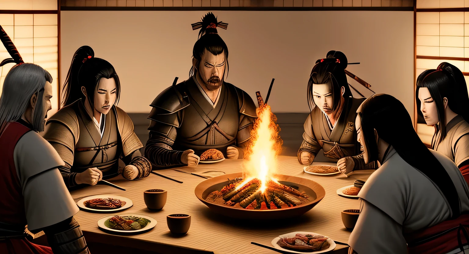 Cena de uma guerra entre samurais, Feudal Japan, espadas, fogo, undoing