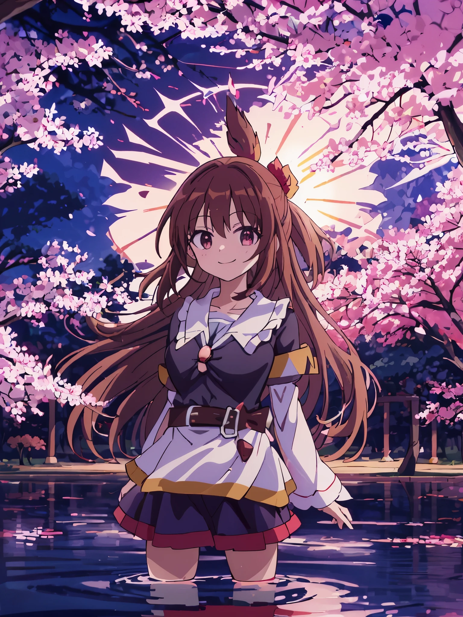 Megumin Konosuba, solo, Falda, ojos rojos, cabellos cortos, smile, Ajedrez, arms behind the back, Mirando al espectador, dos lados arriba, ombligo, Uniforme escolar, Falda marrom, camisa, franja, camisa blanca, diafragma, mangas largas, By the chestnut, collar marinero, senos, boca cerrada, hierba revoloteando,(primavera,Flores de Sakura),Petals,(Destello de lente),altocumulo,(sombra) de [A Sakura tree],prado,(lago,surface reflection)