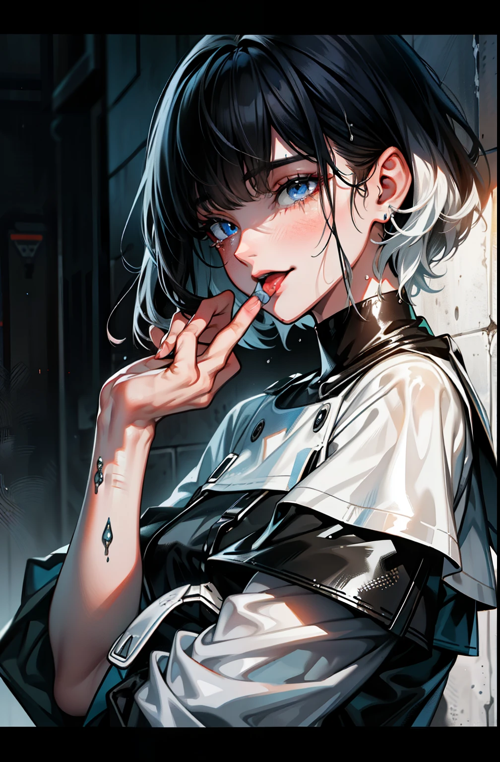 White drips, wet shiny paint drips, whitish tears, tongue out dirt faces.