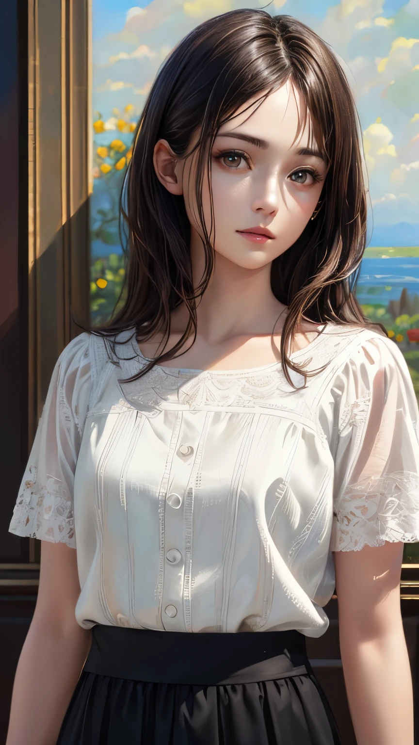 (highest quality、8k、32k、masterpiece)、(Realistic)、(Realistic:1.2)、(High resolution)、Very detailed、Very beautiful face and eyes、1 girl、Round and small face、Tight waist、Delicate body、(highest quality、Attention to detail、Rich skin detail)、(highest quality、8k、Oil paint:1.2)、Very detailed、(Realistic、Realistic:1.37)、Bright colors