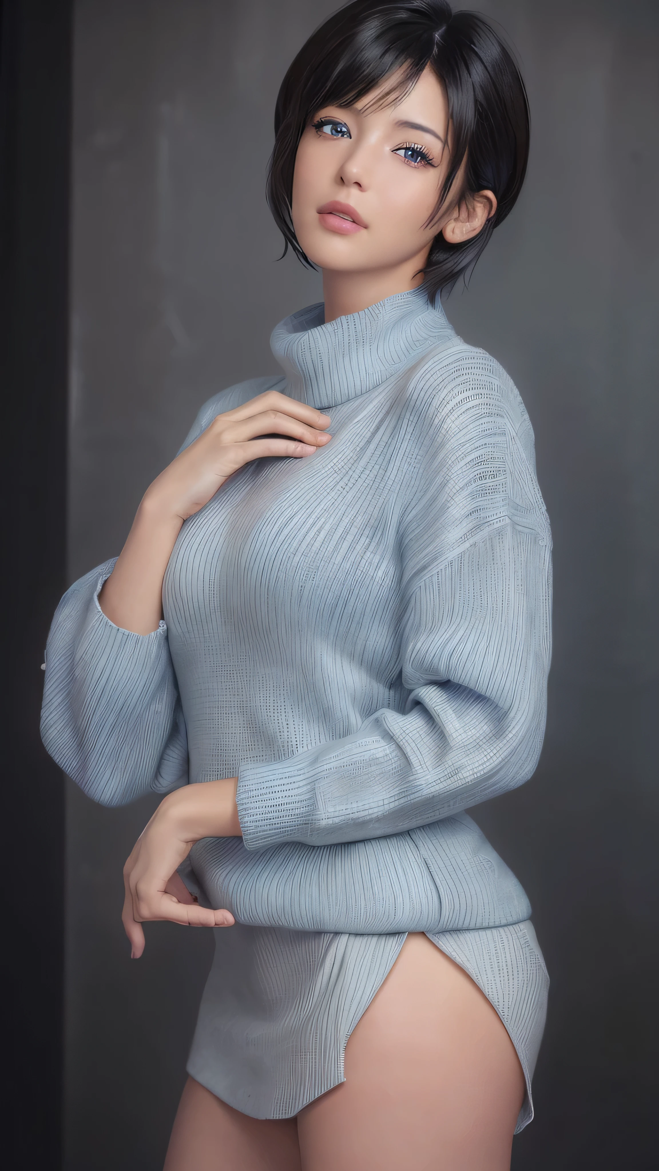 (masterpiece:1.3), (8k, photorealistic, RAW photo, best quality: 1.4), (1girl), beautiful face, (realistic face), (black hair, short hair:1.3), beautiful hairstyle, realistic eyes, beautiful detailed eyes, (realistic skin), beautiful skin, (sweater), absurdres, attractive, ultra high res, ultra realistic, highly detailed, golden ratio blue eyeball