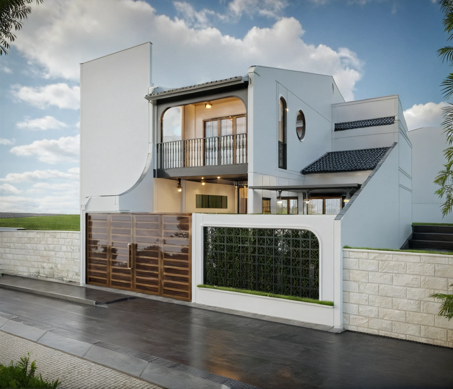 exterior house, contemporary style, white wall, wood wall, wood door, glass window, (realistic:1.2), Masterpiece, high quality, best quality, authentic, super detail, outdoors,road,pavement, grass, trees, sky, cloud, (daylight:1.1)
