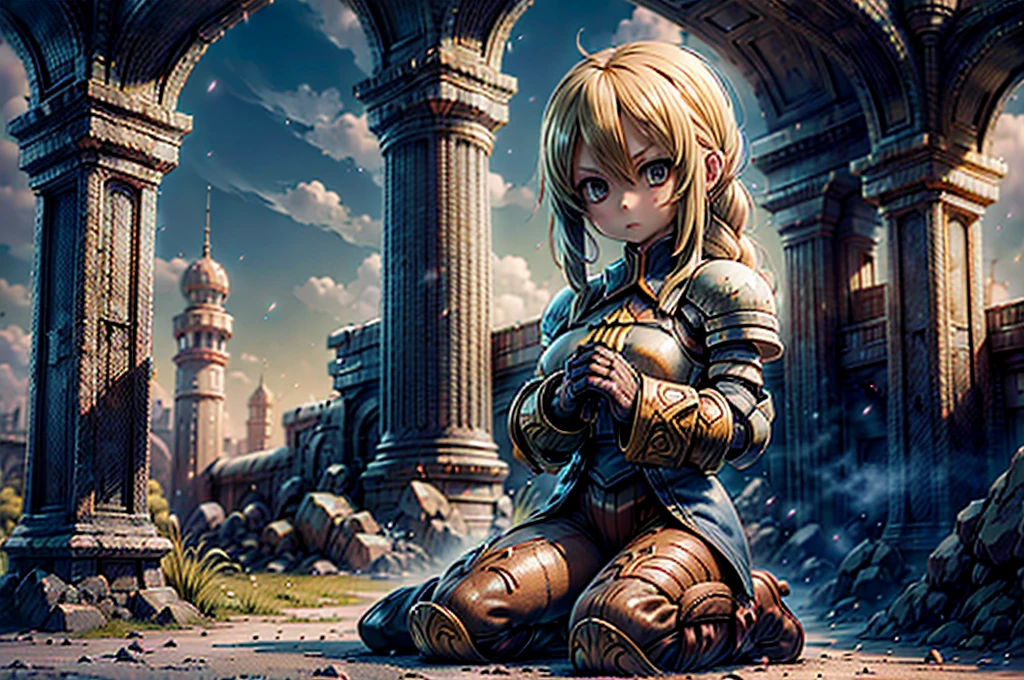 Akihiko Yoshida style,#quality(8k,wallpaper of extremely detailed CG unit, ​masterpiece,hight resolution,top-quality,top-quality real texture skin,hyper realisitic,increase the resolution,RAW photos,best qualtiy,highly detailed,the wallpaper,cinematic lighting,ray trace,golden ratio,), BREAK ,(solo:1.8),#1Agrias Oaks(\(Final Fantasy Tactics\), blonde hair, braided ponytail,brown eyes,shoulder armor, armor, corset,brown pants, knee pads, blue dress, brown gloves, pants, cross-laced boots,holding 1sword by 1hand anatomically very correctly:2.0,big breast,dynamic angle,upper body,portrait), BREAK ,#1sword(european style:1.2,generate only 1sword,generate the shape very correctly),#background(battlefield of europe,soldiers in war),