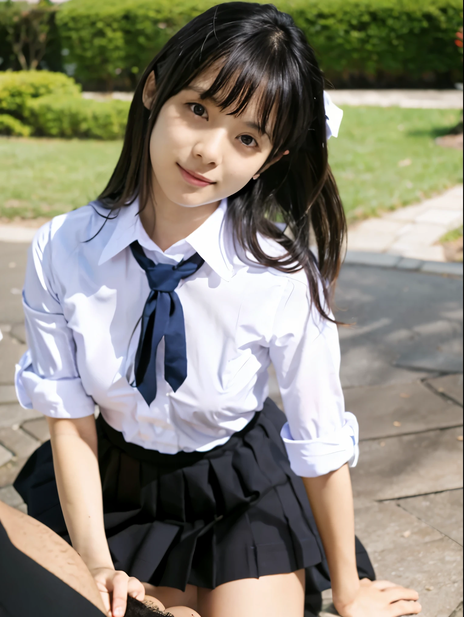 1 girl, alone, Japanese girl, 12 years old, (highest quality, Realistic, High resolution, 8k, Very detailed, Detailed face, Shiny skin), Japanese , Collared shirt, White shirt, Ribbon tie, Black Hair, ragged bangs, ponytail, Small breasts, Squat, Cleavage ,Ass, asshole, vagina, pussy, genitals, back, behind、Skirt Lift,pantyjob, panties on penis, 1boy, 1girl,