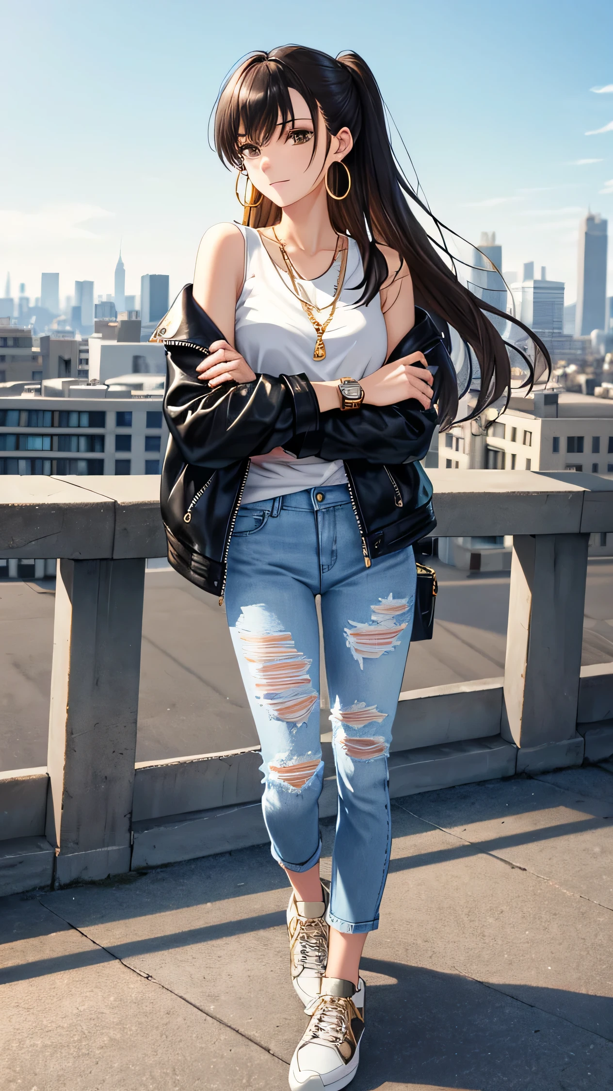 Very detailed, high quality, masterpiece, 1 female, upright, (Casual wear: 1.1), (Split), White T-shirt, Blue Jeans, Sneakers, Black leather jacket draped over shoulders, (accessories: 1.2), Gold Hoop Earrings, Brown leather watch, Natural Makeup, A faint smile, Fold your arms in front of her, (City view: 0.9), Buildings and people in the background, Outdoor, sunny.