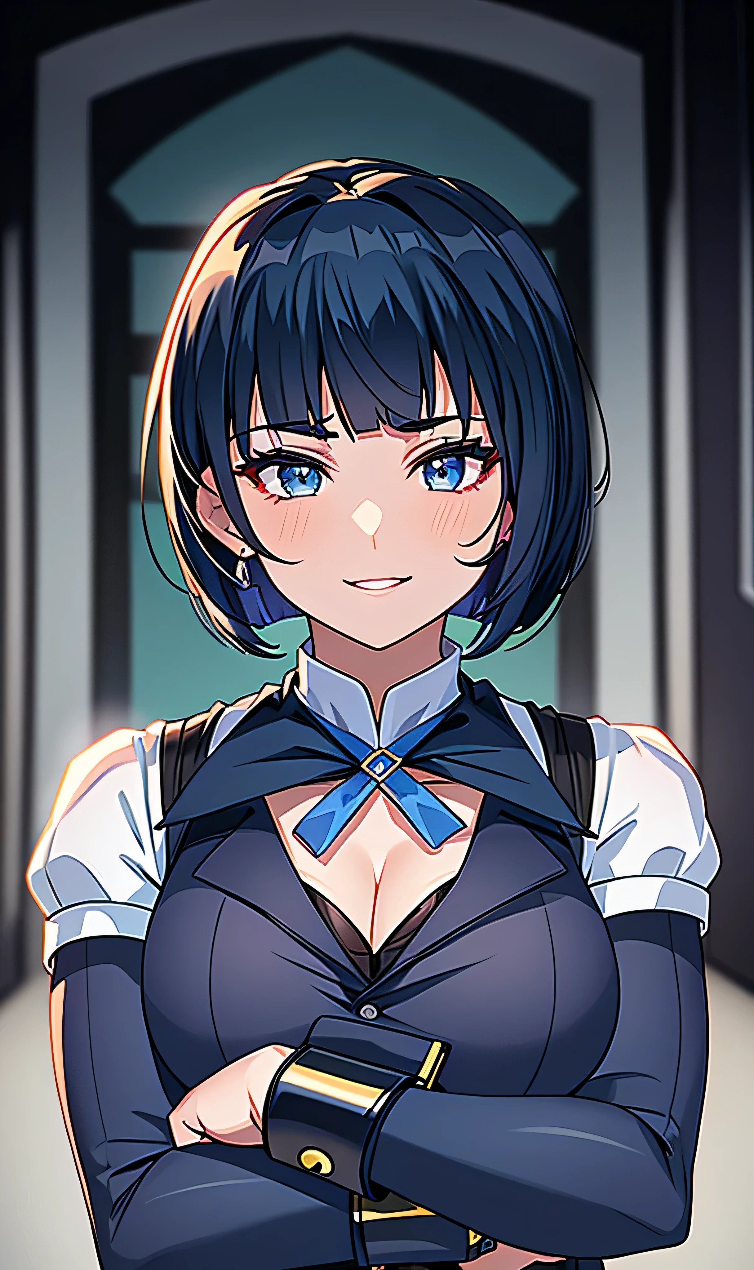 1 women, Single, Solo, Beautiful anime women,
 ((straight hair,very short bob:1.2,Short dark blue shoulder-length hair, volumy hair, blunt bangs, Dark blue hair,hair over eyebrows,purple eyeshadow:0.5,dark blue eyes,slanted eyes,half closed eyes:1.2,Beautiful eyelashes,troubled sharp eyebrows:1.5,big laugh,)),perfect eyes,((Masquerade costume,
,tailored vest,
blue long sleeve leotard,white groves,white wrist cuffs,hairclip,)),Fashionable,