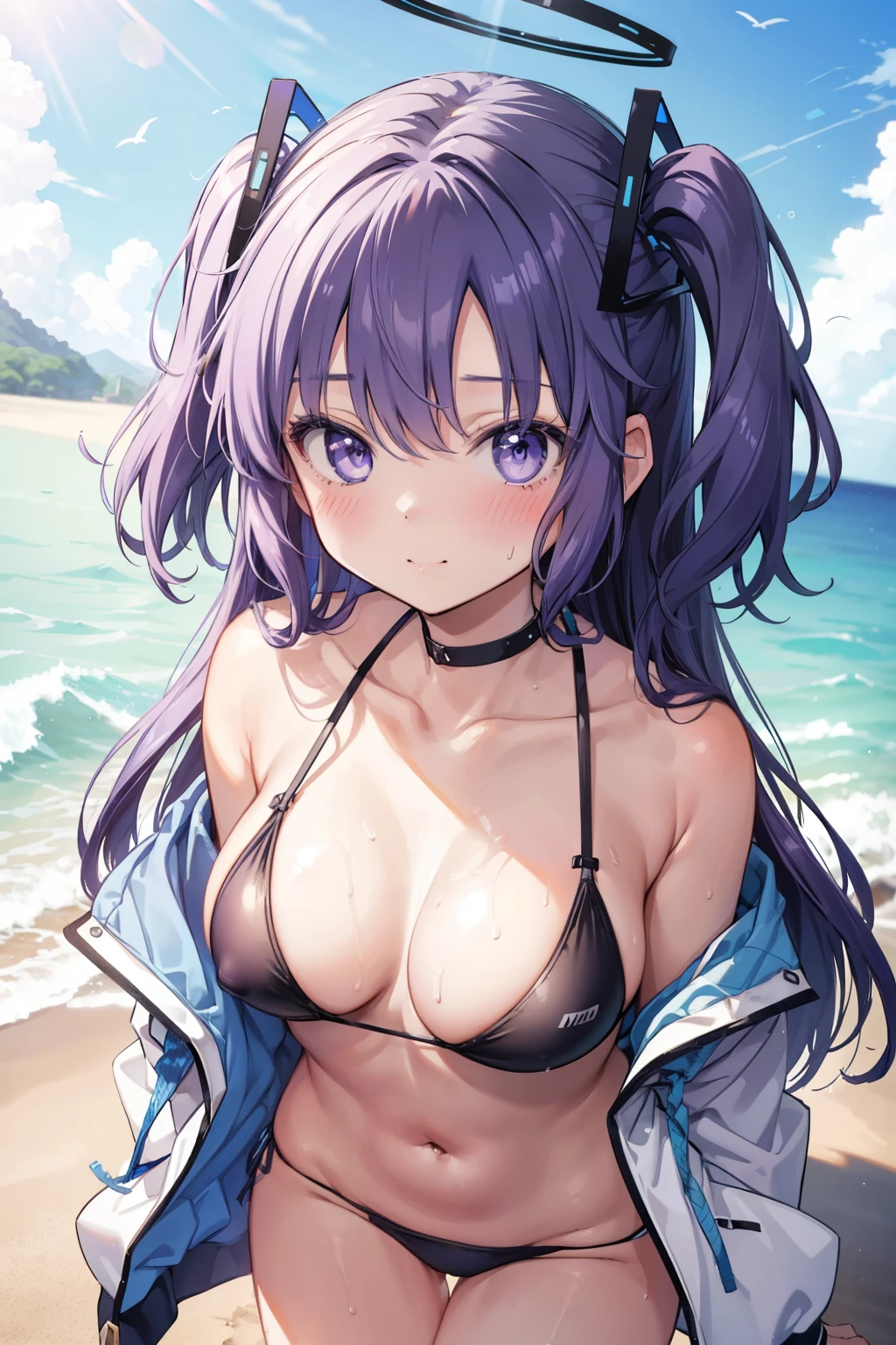 Yuka Hayase、Good looking girl (blush, Perfect Face), independent , Looking at the camera, masterpiece, Anime art style, Cute Characters, Most detailed, high quality、Nico Nico Smile、She is wearing a sexy purple swimsuit、In underwear、Purple hair and eyes、Coming to the sea、Showing her side