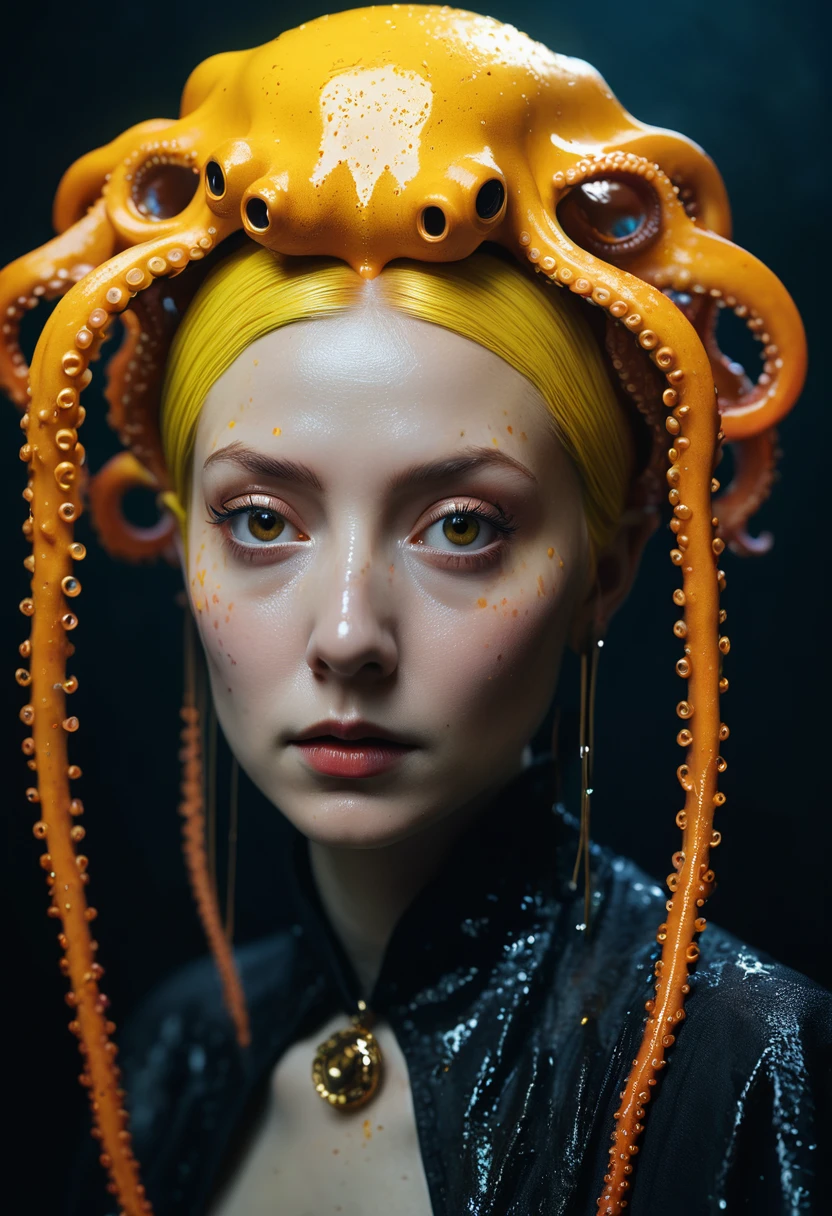 8K, ARTISTIC photogrAphy, best quAlity, mAsterpiece: 1.2), A (potrAit:1.2) witch BLOOD Toon Doll Cthulhu nun QUEEN, ORANGE many octopus style tentacles, full body RAW candid cinema, yellow hair, 16mm, color graded portra 400 film, remarkable color, ultra realistic, sad admosphere, dark lighting, oppressive atmosphere, depressive colors, kodak portra 400, photograph,r, Natural Light, Pinhead lighgts, blur reflection, Brush Strokes, Smooth, abstract, Splatter, Oil On Canvas, rainbow colors, fractal isometrics details bioluminescens : a stunning realistic photograph of wet bone structure, 3d render, octane render, intricately detailed, titanium decorative headdress, cinematic, trending on artstation | Isometric | Centered