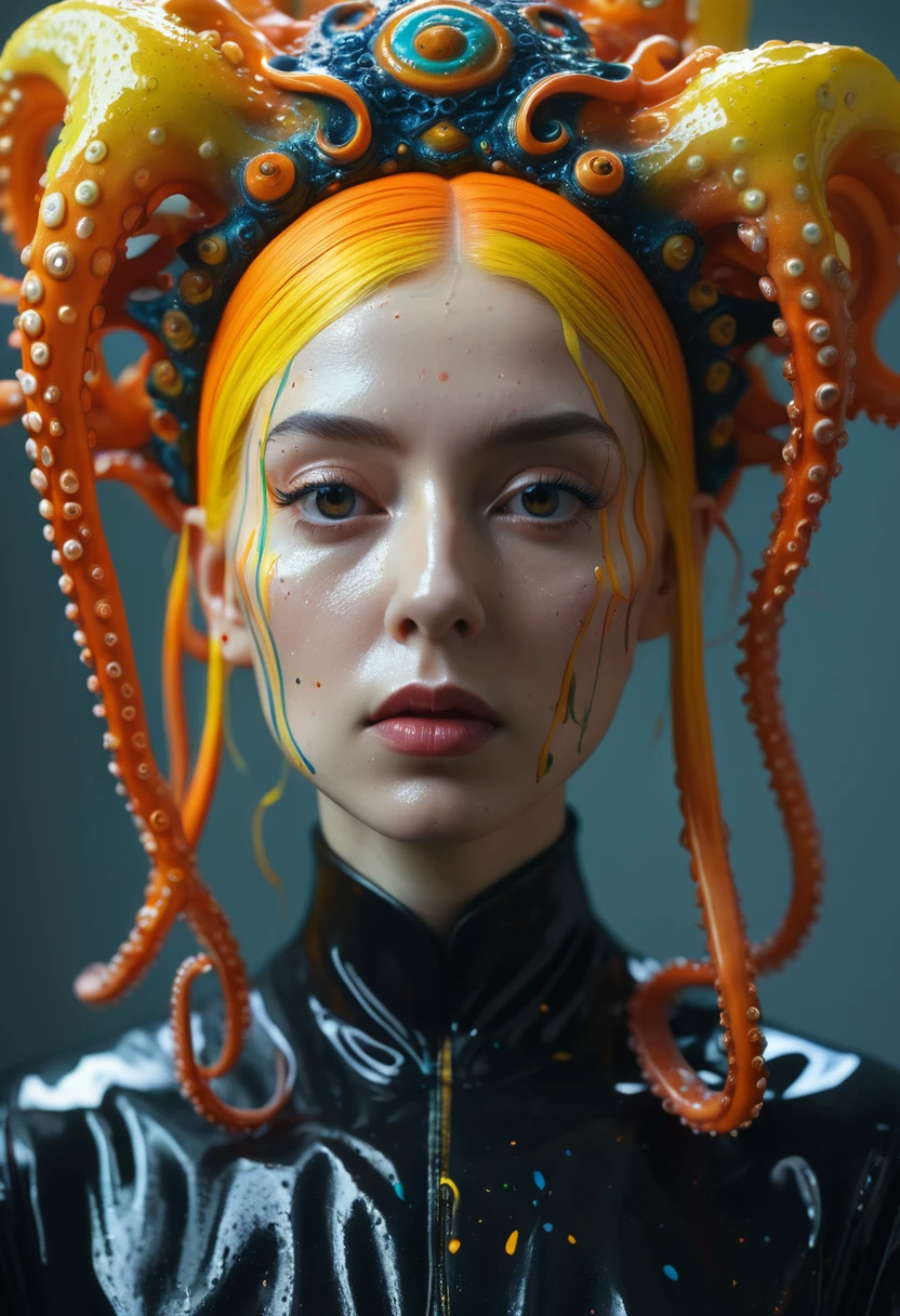 8K, ARTISTIC photogrAphy, best quAlity, mAsterpiece: 1.2), A (potrAit:1.2) witch BLOOD Toon Doll Cthulhu nun QUEEN, ORANGE many octopus style tentacles, full body RAW candid cinema, yellow hair, 16mm, color graded portra 400 film, remarkable color, ultra realistic, sad admosphere, dark lighting, oppressive atmosphere, depressive colors, kodak portra 400, photograph,r, Natural Light, Pinhead lighgts, blur reflection, Brush Strokes, Smooth, abstract, Splatter, Oil On Canvas, rainbow colors, fractal isometrics details bioluminescens : a stunning realistic photograph of wet bone structure, 3d render, octane render, intricately detailed, titanium decorative headdress, cinematic, trending on artstation | Isometric | Centered