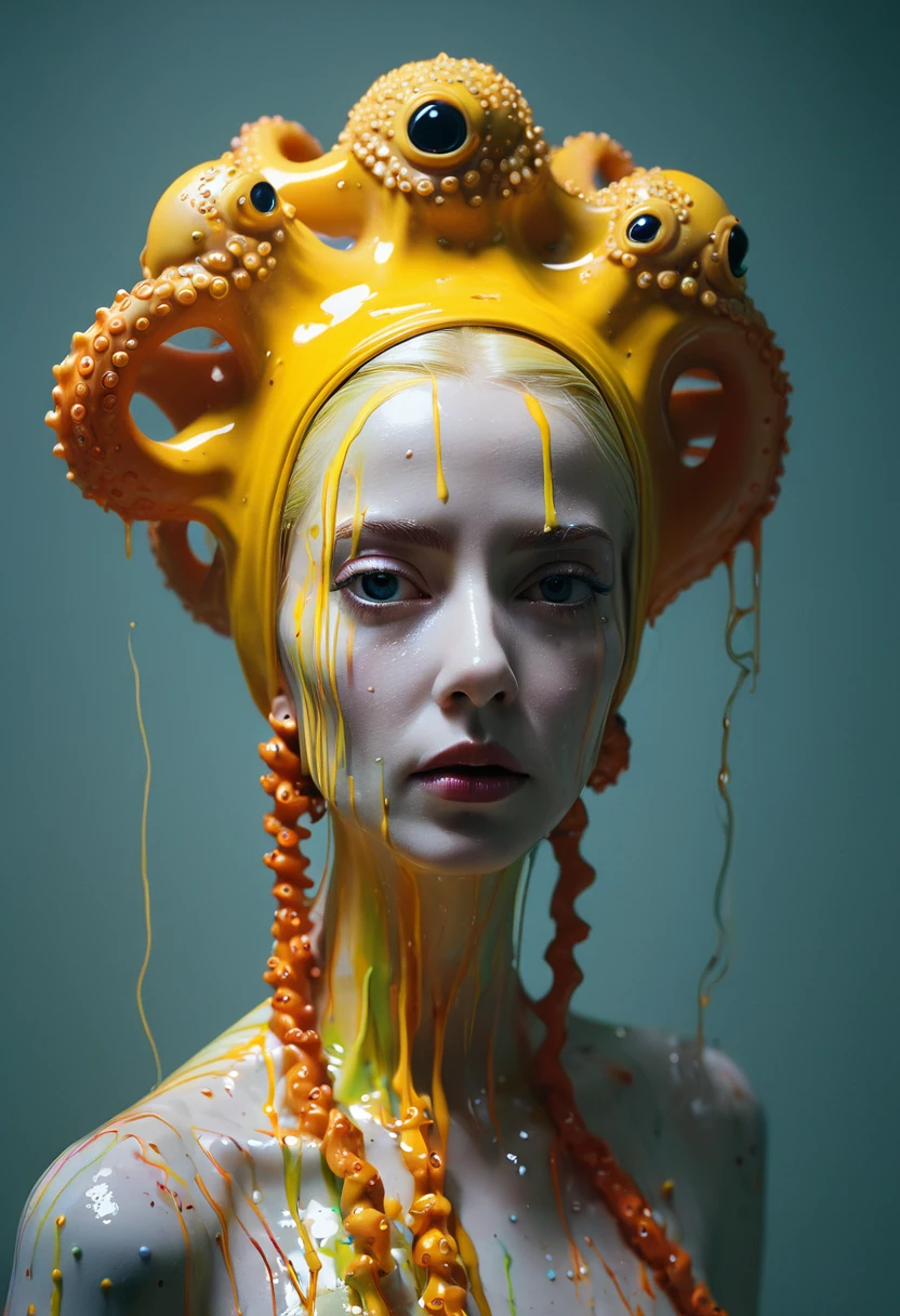 8K, ARTISTIC photogrAphy, best quAlity, mAsterpiece: 1.2), A (potrAit:1.2) witch BLOOD Toon Doll Cthulhu nun QUEEN, ORANGE many octopus style tentacles, full body RAW candid cinema, yellow hair, 16mm, color graded portra 400 film, remarkable color, ultra realistic, sad admosphere, dark lighting, oppressive atmosphere, depressive colors, kodak portra 400, photograph,r, Natural Light, Pinhead lighgts, blur reflection, Brush Strokes, Smooth, abstract, Splatter, Oil On Canvas, rainbow colors, fractal isometrics details bioluminescens : a stunning realistic photograph of wet bone structure, 3d render, octane render, intricately detailed, titanium decorative headdress, cinematic, trending on artstation | Isometric | Centered