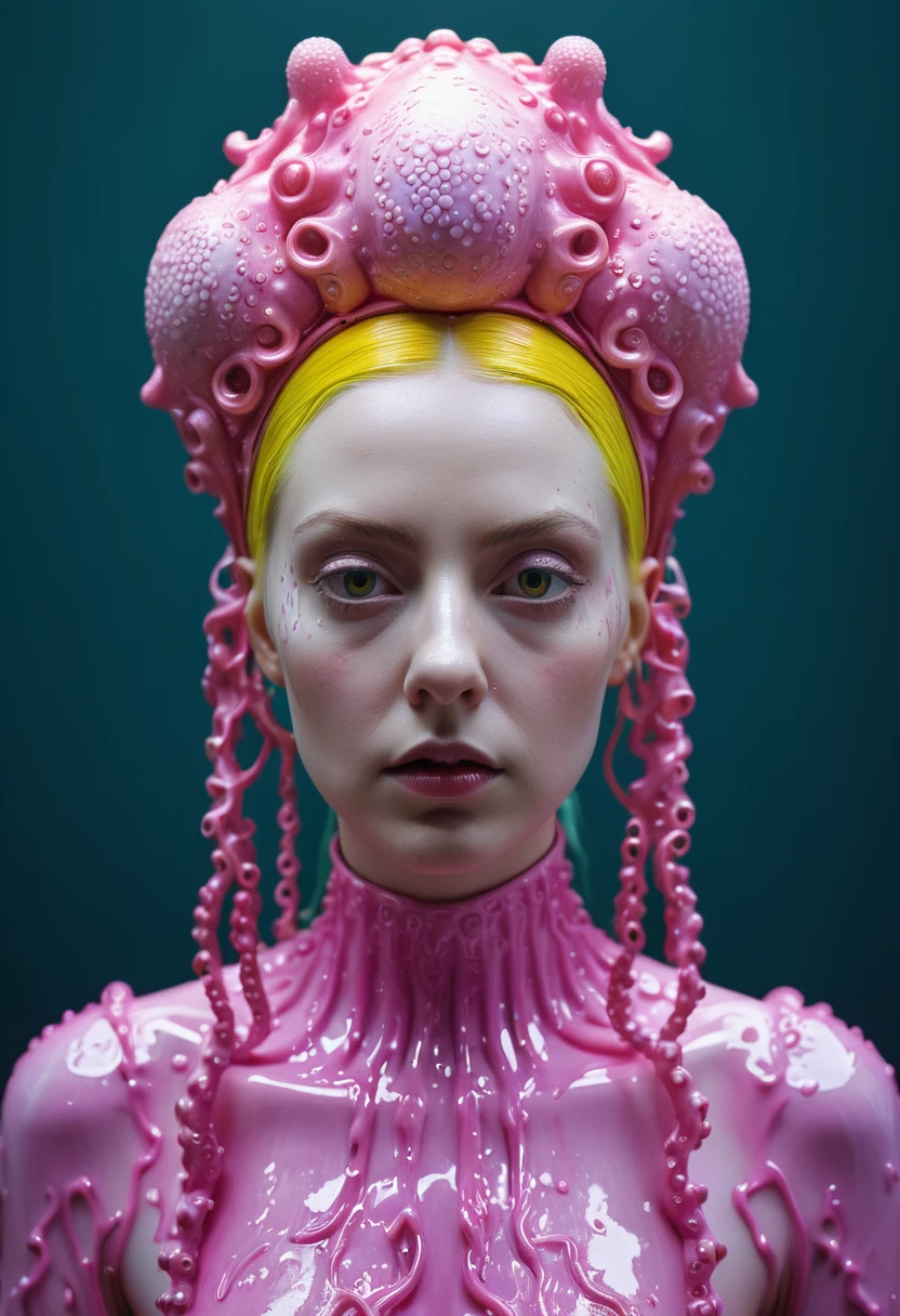 8K, ARTISTIC photogrAphy, best quAlity, mAsterpiece: 1.2), A (potrAit:1.2)  witch BLOOD Toon Doll Cthulhu nun QUEEN, PINK many octopus style tentacles, full body RAW candid cinema, yellow hair, 16mm, color graded portra 400 film, remarkable color, ultra realistic, sad admosphere, dark lighting, oppressive atmosphere, depressive colors, kodak portra 400, photograph,r, Natural Light, Pinhead lighgts, blur reflection, Brush Strokes, Smooth, abstract, Splatter, Oil On Canvas, rainbow colors, fractal isometrics details bioluminescens : a stunning realistic photograph of wet bone structure, 3d render, octane render, intricately detailed, titanium decorative headdress, cinematic, trending on artstation | Isometric | Centered