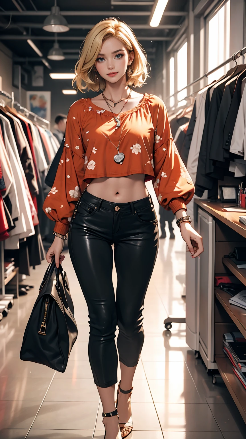 ((最high quality, 8K, masterpiece: 1.3, Ultra HD, high quality, 最high quality, High resolution, realism)) 、A 22-year-old extremely beautiful white woman、Hair color blonde、blue eyeedium Hair、Straight Hair、smile、Slender but well-proportioned body、Background blur((depth of field))、Aerial perspective((atmospheric perspective))、I want my head to stay off screen、Put an anklet on your ankle、Wearing red nail polish、I have a peticure、Wear high-neck zipper-up tops、No sleeve、Wear low rise leather pants、Wearing high heels、torso((torso))There are many、Fashion Design Office、There is fabric and a pattern on the work desk.、Hang the tape measure around your neck