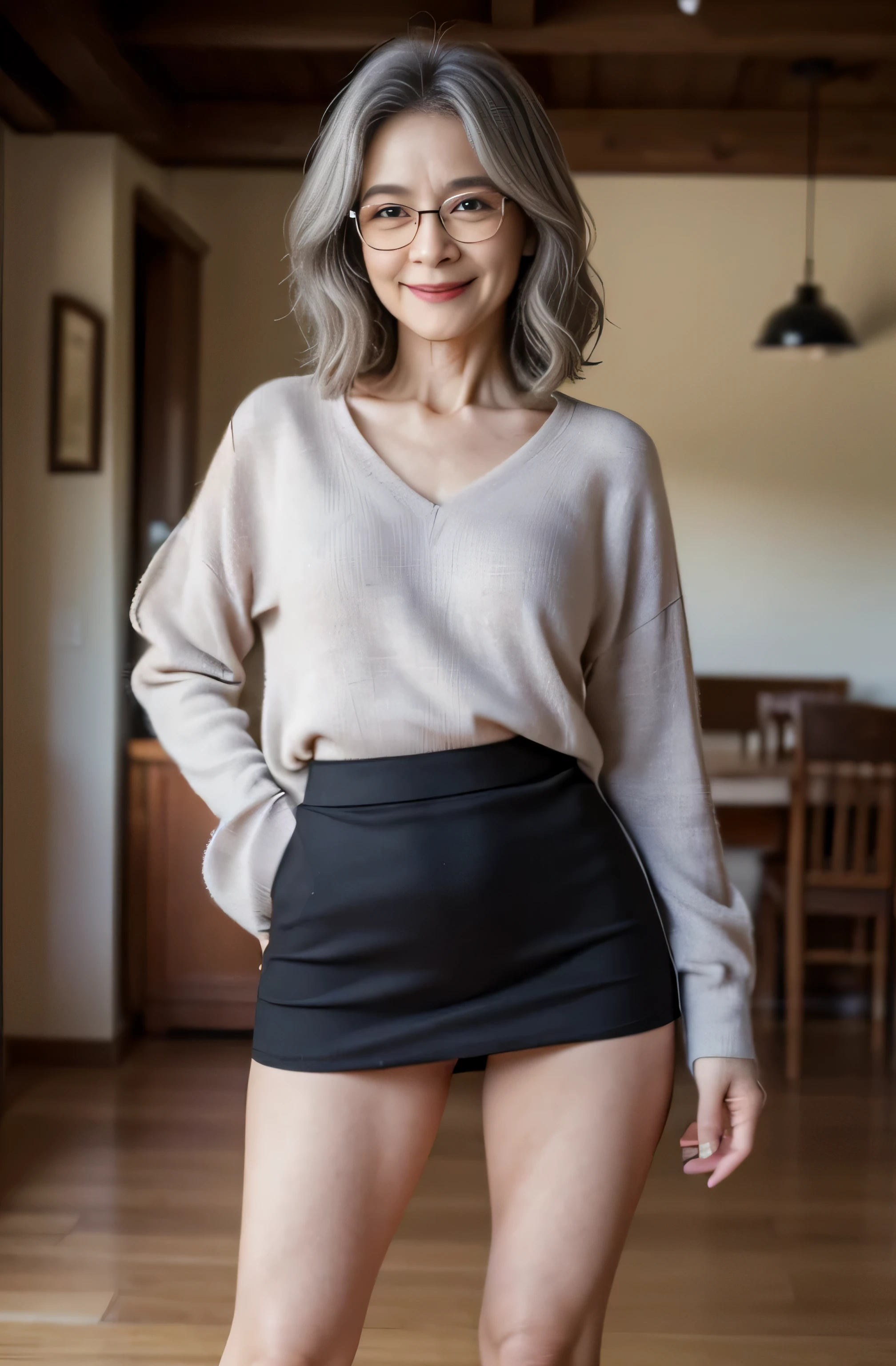 skirt lift,(Masterpiece:1.4),(60-year-old woman:1.4),(Wrinkles on the face1.24),smile,nude,gray hair,square glasses,(panchira,miniskirt,skirt lift:1.4)