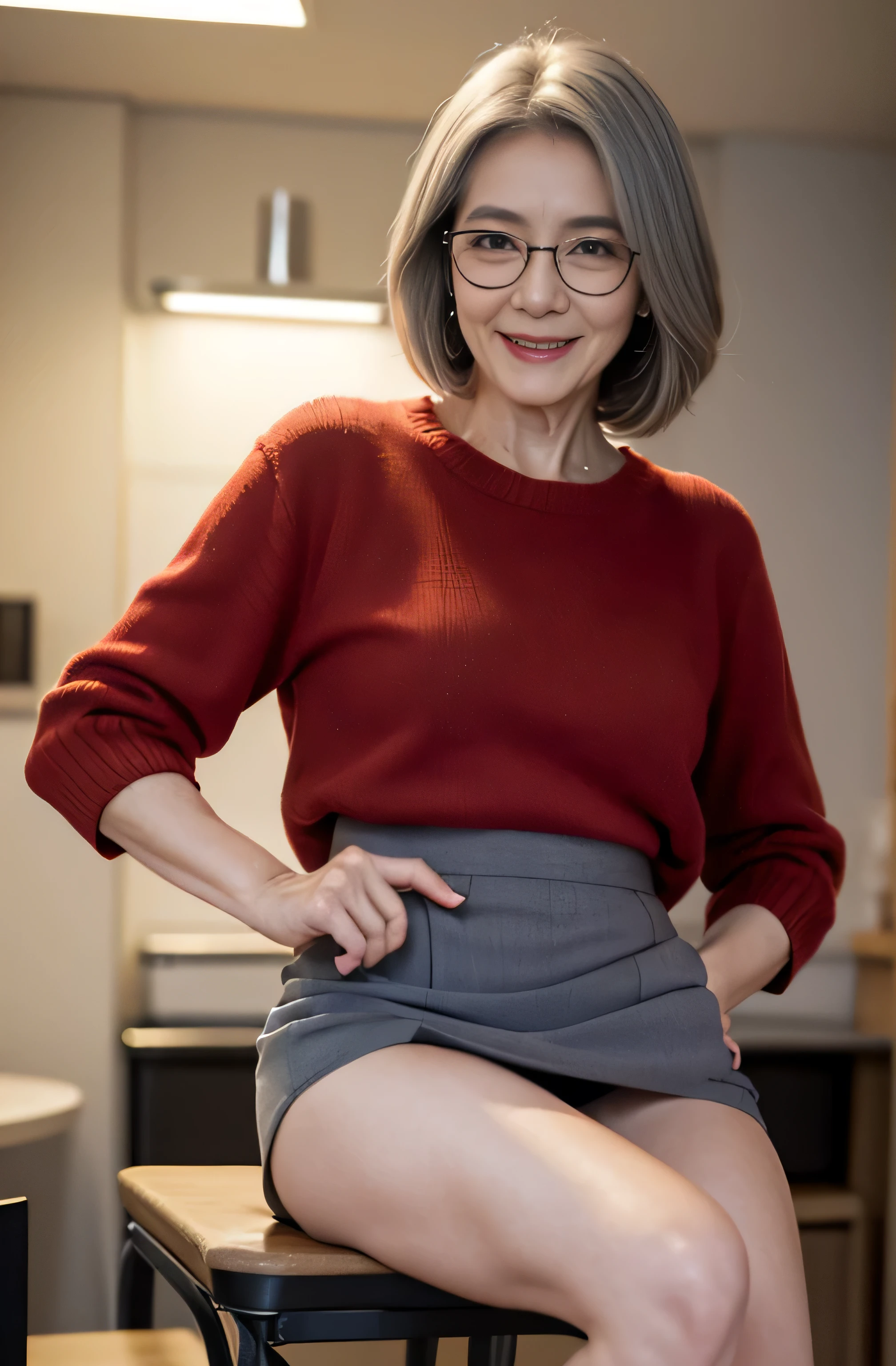 skirt lift,(Masterpiece:1.4),(60-year-old woman:1.4),(Wrinkles on the face1.24),smile,nude,gray hair,square glasses,(panchira,miniskirt,skirt lift:1.4)
