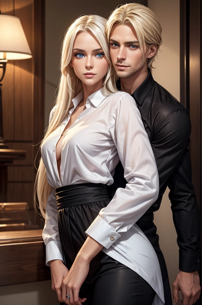 A tall handsome young man is platinum blonde with long straight white hair, clear blue eyes, he is dressed in a black shirt, the sleeves of which are rolled up to the elbow and classic black trousers, he hugs an incredibly beautiful femme fatale young woman with golden hair standing next to him, she has blue eyes, she is wearing a simple yellow dress. Masterpiece, perfect image, realistic pictures, detailed face study, full-length image, 8k, detailed image. an extremely detailed illustration, a real masterpiece of the highest quality, with careful drawing.