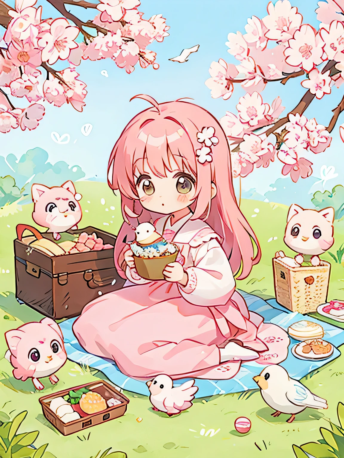 Momoko Sakura Style, Kawaii Design, many girls, most beautiful girl ever、Chibi, birdie、picnic, (((many friends)))