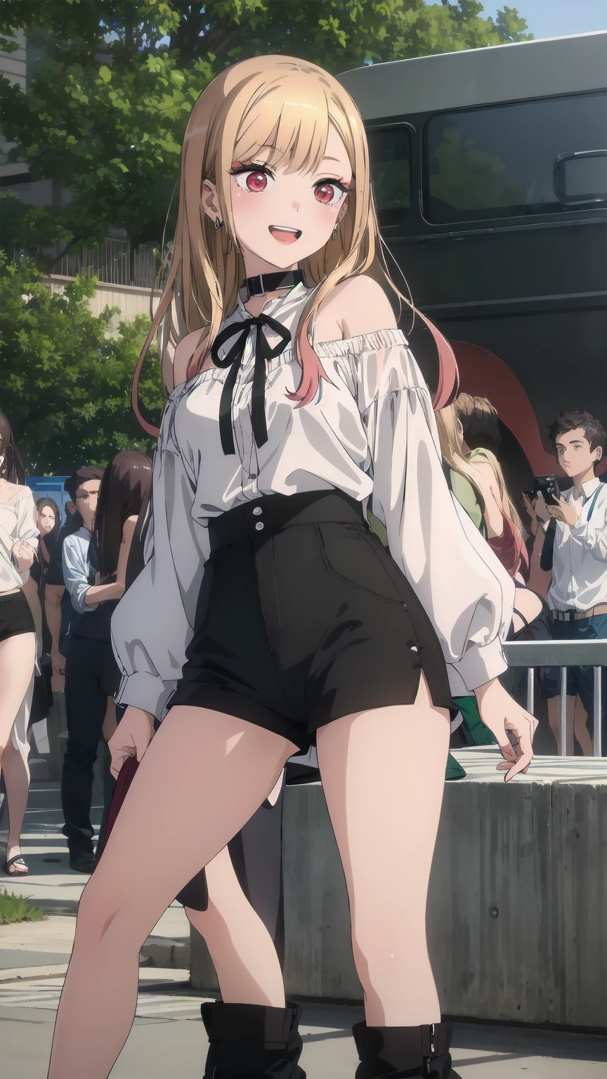 (((Pixel Perfect, Perfect detail))),
Kitagawa Marine SB,
1 girl, alone, teeth, Bright smile, Earrings,
Long Hair, Blonde, Red eyes, Colorful Hair, Black Ribbon, black collar,
Black shorts, White shirt, Off the shoulder, Tucked in shirt,
Permanently installed, Looking at the audience,
outdoor activities,(showing panties:1.3), skirt up, Spread your legs,White panties,