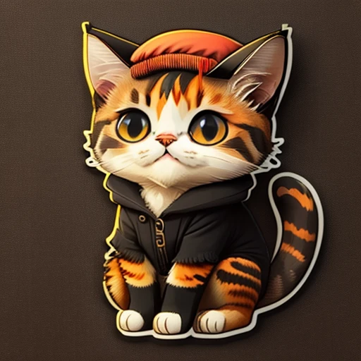 Sticker, Cute cartoon sticker of a cat in beret and boots,Calico pattern cat