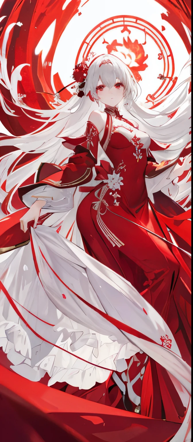 Very exquisite and beautiful CG illustrations, best quality, high resolution, Dynamic angle, full-body shot, (1 girl), eyes and length, Red Dress，Straight white hair, floating, Soft Light, High-Key Lighting)，Red Wedding Dress，Chinese，Red Wedding Dress，Phoenix Coronet，Phoenix pattern，Phoenix pattern，Hexiu clothing，ribbon，ethereal，mystery