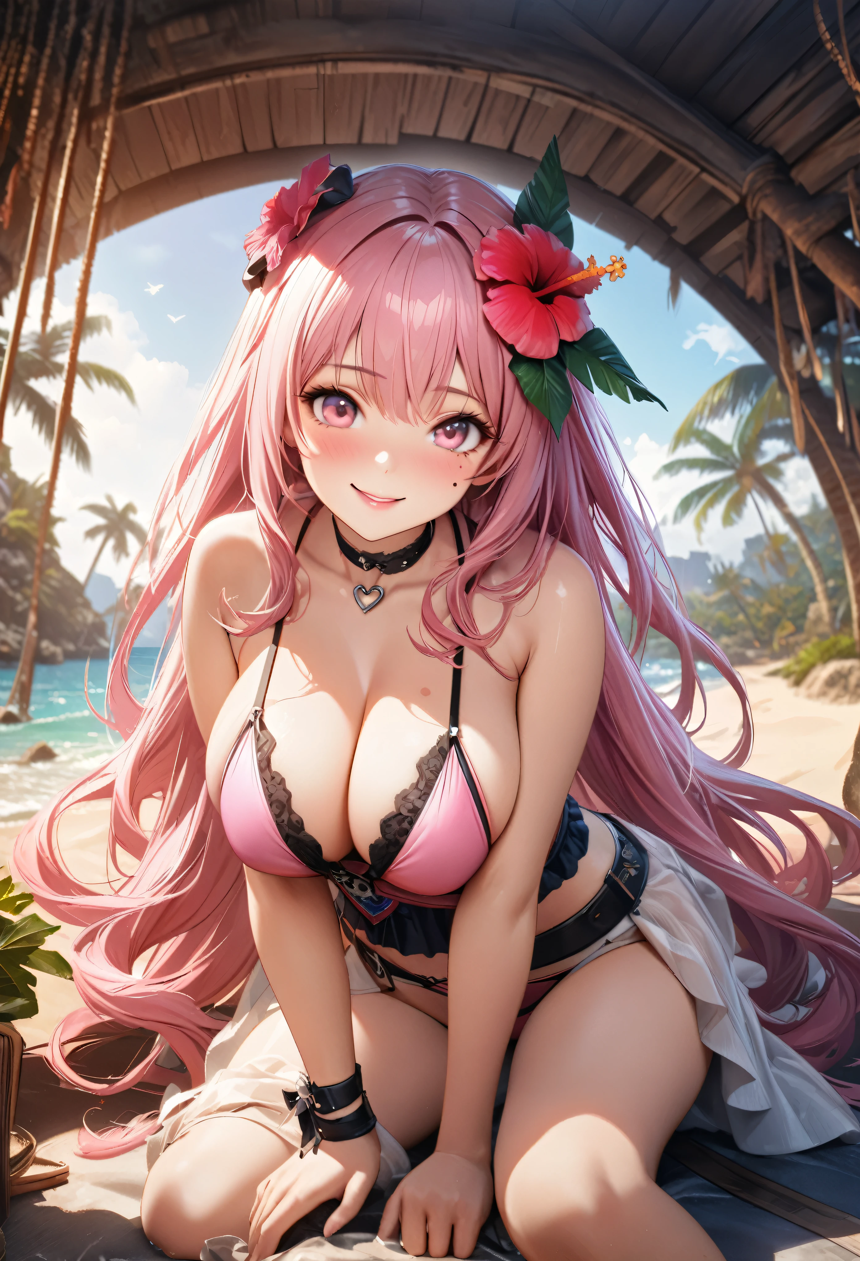 masterpiece, highest quality, Very detailed, High resolution, An expensive solution, High resolution, 4K, 8k, unity 8k wallpaper, Very detailed CG, masterpiece,  Realistic、 Beautiful details, depth, Fine texture, highest quality: 1.3, Total concentration, Crisp skin, he, Very cute anime, Cute like an idol, expensive pink long hair, One Girl,bikini、Big Breasts、Sandy Beach、Ocean  、Palm tree、Tropical Juice、 hibiscus hair accessory, smile、long pink hair, whole body, Mole under the eye, Line Sight, expensive, blush, Lips parted, heart, Pink Eyes, choker