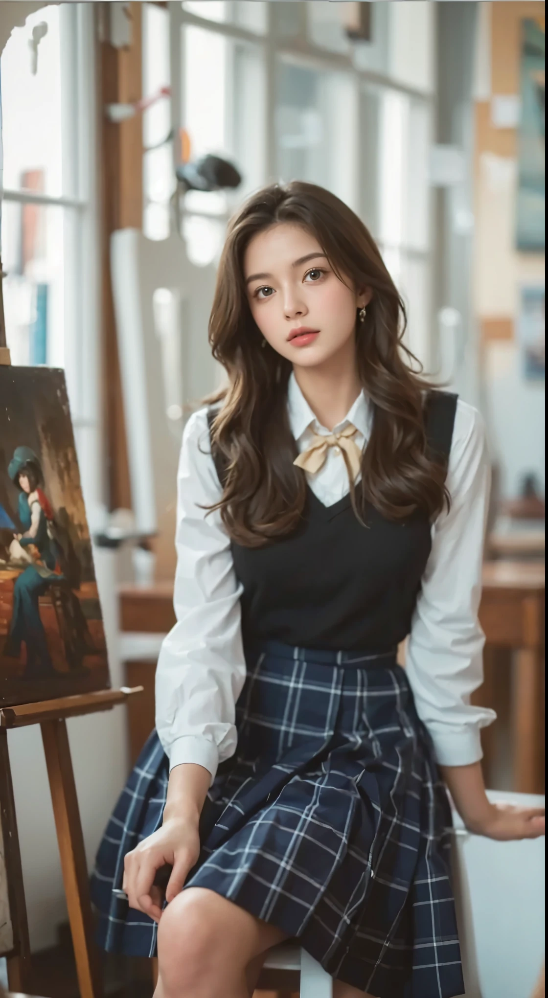 arafed woman sitting on a chair in front of a painting, realistic , cute , school girl, hyperrealistic , a hyperrealistic , , dressed as , preppy style, style of julia razumova, girl wearing uniform, classic style, beautiful model girl, beautiful portrait image, wearing