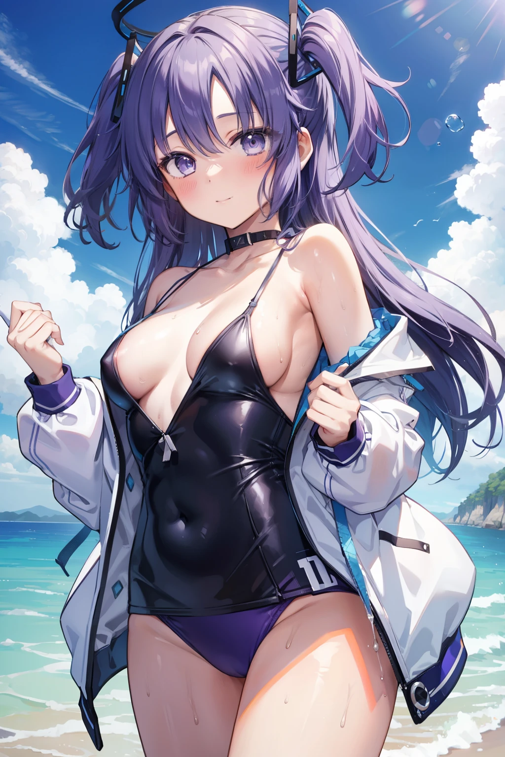 Yuka Hayase、Good looking girl (blush, Perfect Face), independent , Looking at the camera, masterpiece, Anime art style, Cute Characters, Most detailed, high quality、Nico Nico Smile、She is wearing a sexy purple swimsuit、In underwear、Purple hair and eyes、Coming to the sea、Showing her side
