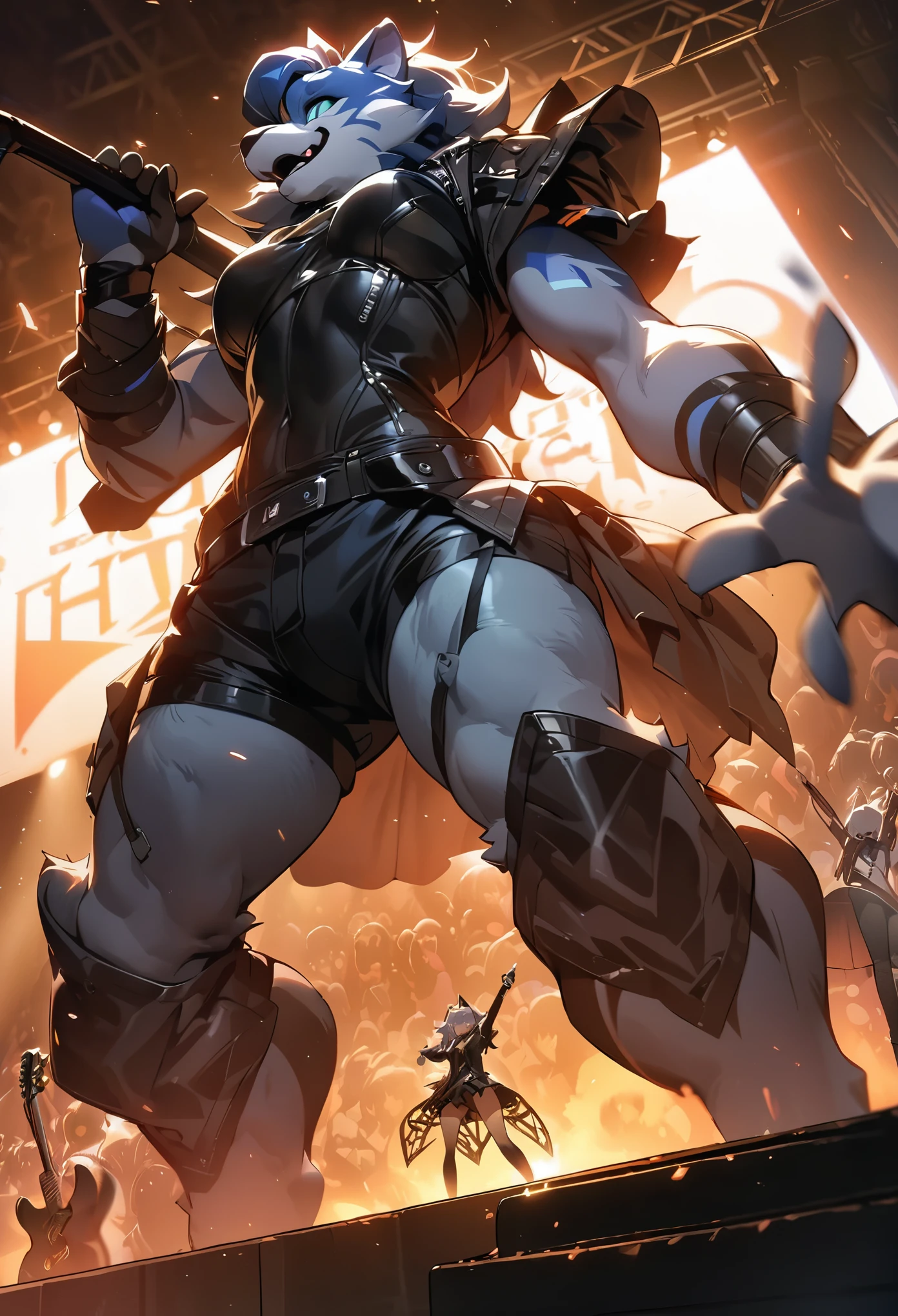 cover page, highres, top quality, best quality, paid reward available, unparalleled masterpiece, perfect artwork, absurdres, High-quality illustrations, super high resolution, detailed background, perfect anatomy, Rock Band Concerts, Musical instrument performance, Stage Performance, hot air, heavy metal fashion, good lighting, cinematic shadow(kemono, furry anthro)(sound effects, motion blur)((dramatic))epic, One scene of movie,