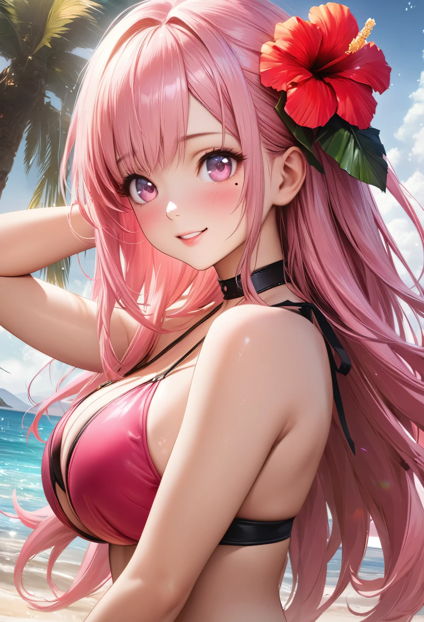masterpiece, highest quality, Very detailed, High resolution, An expensive solution, High resolution, 4K, 8k, unity 8k wallpaper, Very detailed CG, masterpiece,  Realistic、 Beautiful details, depth, Fine texture, highest quality: 1.3, Total concentration, Crisp skin, he, Very cute anime, Cute like an idol, expensive pink long hair, One Girl,bikini、Big Breasts、Sandy Beach、Ocean  、Palm tree、Tropical Juice、 hibiscus hair accessory, smile、long pink hair, whole body, Mole under the eye, Line Sight, expensive, blush, Lips parted, heart, Pink Eyes, choker