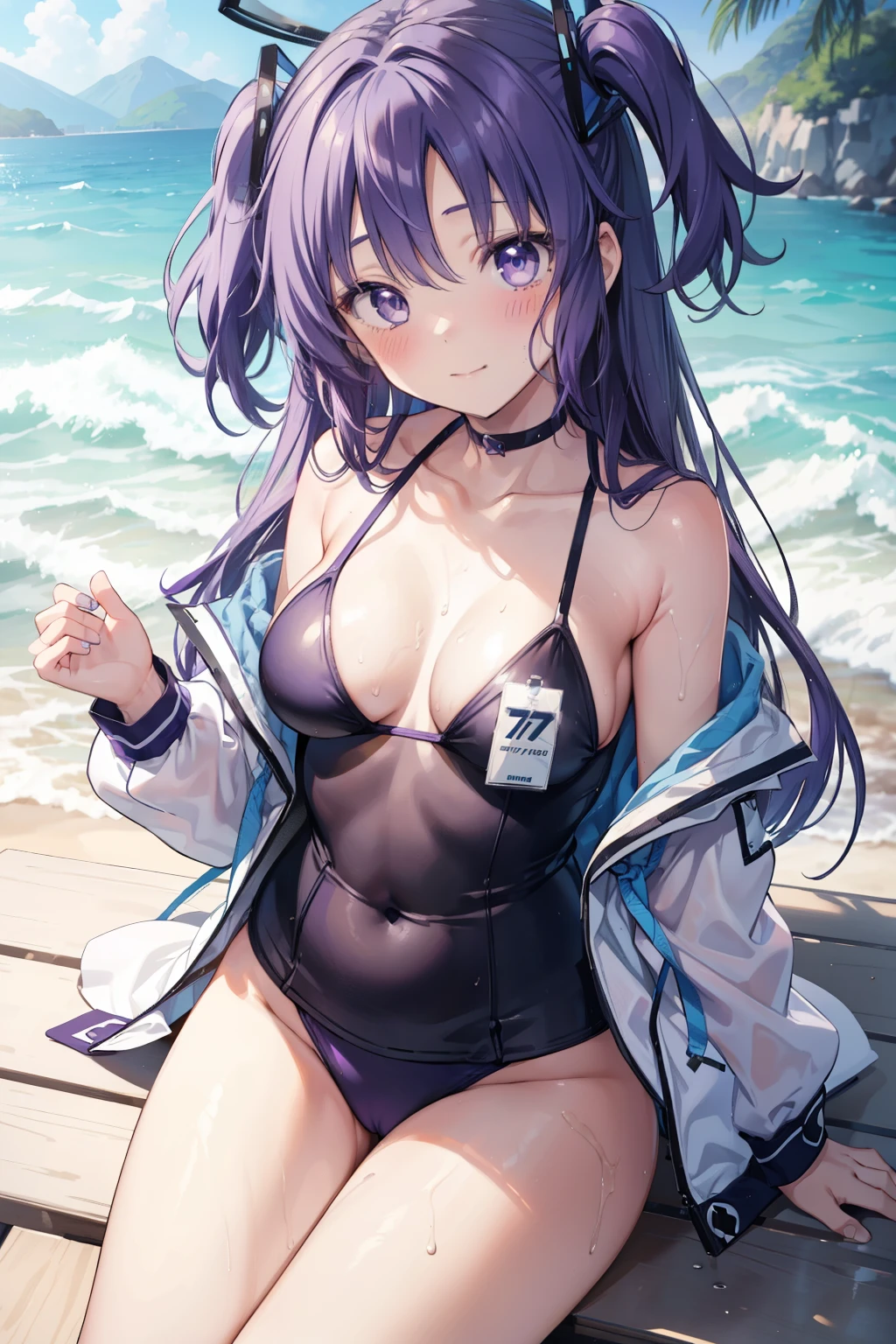 Yuka Hayase、Good looking girl (blush, Perfect Face), independent , Looking at the camera, masterpiece, Anime art style, Cute Characters, Most detailed, high quality、Nico Nico Smile、She is wearing a sexy purple swimsuit、In underwear、Purple hair and eyes、Coming to the sea、Showing her side