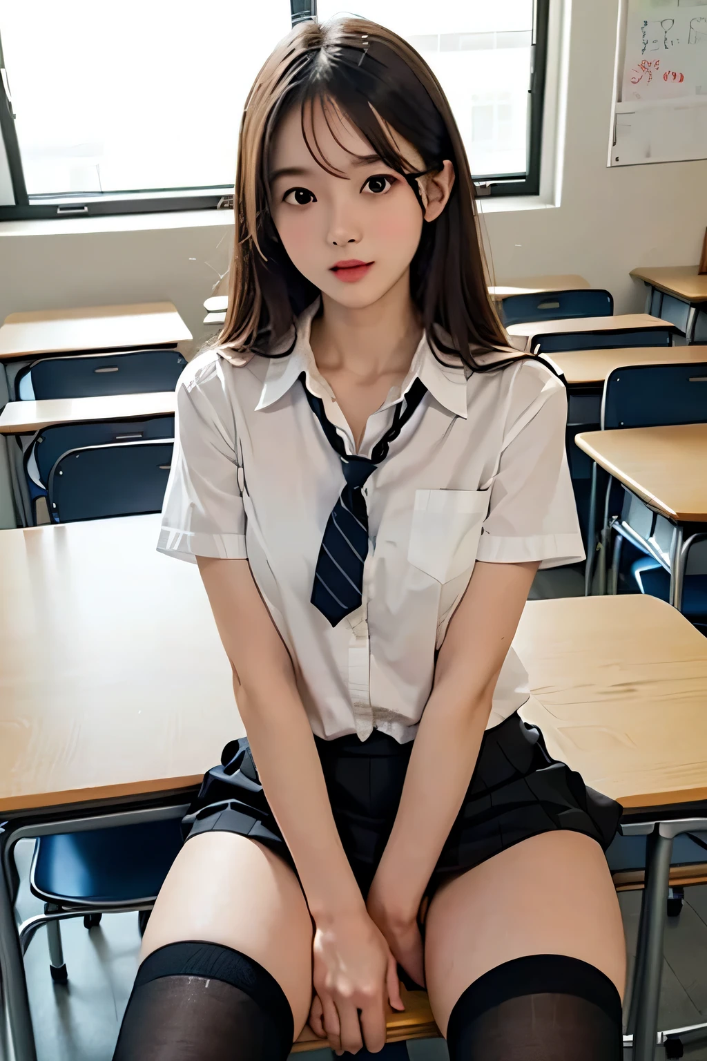 ****ung slender girl, black over knee high socks, open very thin legs and showing off opened vagina overflowing with cum, sitting in school classroom,