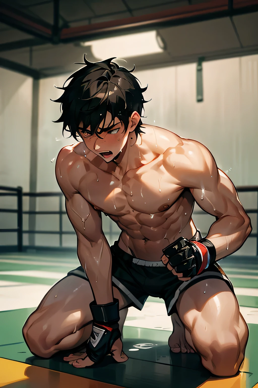 shirtless handsome manly short black hair caucasian male mma fighter, mma gloves, white mma shorts, barefoot, sweat-drenched, soaking wet, drenched with sweat, sweating profusely, soaking wet with sweat, panting, exhausted, gasping, panting, kneeling on the floor, hands on the top of the head showing underarms, in the gym
