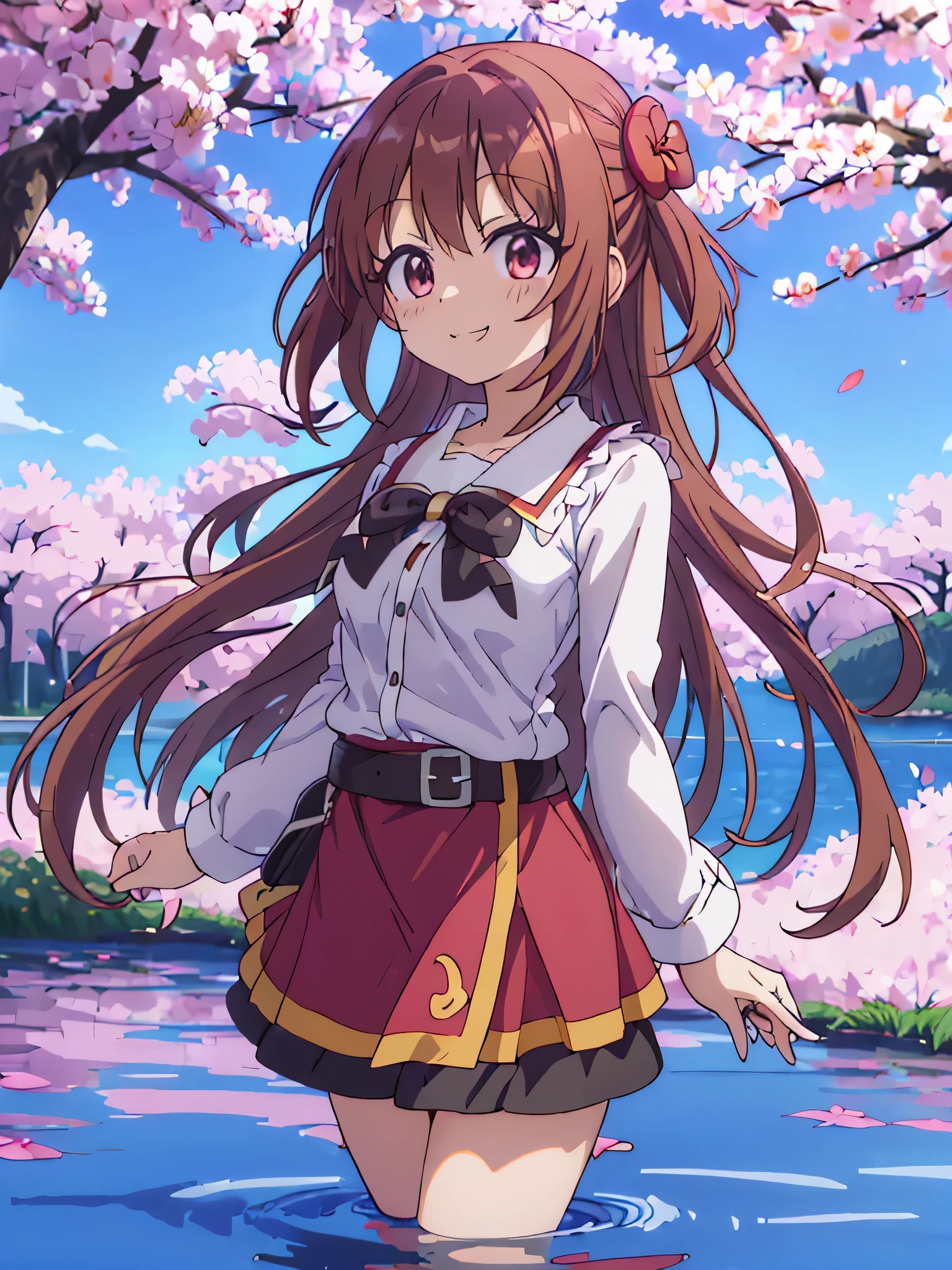 Megumin Konosuba, solo, Falda, ojos rojos, cabellos cortos, smile, Ajedrez, arms behind the back, Mirando al espectador, dos lados arriba, ombligo, Uniforme escolar, Falda marrom, camisa, franja, camisa blanca, diafragma, mangas largas, By the chestnut, collar marinero, senos, boca cerrada, hierba revoloteando,(primavera,Flores de Sakura),Petals,(Destello de lente),altocumulo,(sombra) de [A Sakura tree],prado,(lago,surface reflection)