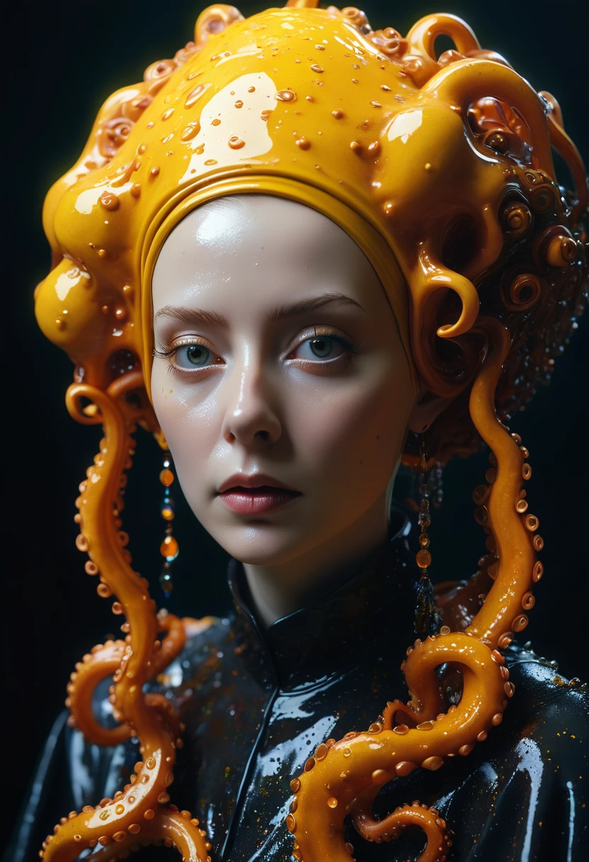 8K, ARTISTIC photogrAphy, best quAlity, mAsterpiece: 1.2), A (potrAit:1.2)  witch BLOOD Toon Doll Cthulhu nun QUEEN, ORANGE many octopus style tentacles, full body RAW candid cinema, yellow hair, 16mm, color graded portra 400 film, remarkable color, ultra realistic, sad admosphere, dark lighting, oppressive atmosphere, depressive colors, kodak portra 400, photograph,r, Natural Light, Pinhead lighgts, blur reflection, Brush Strokes, Smooth, abstract, Splatter, Oil On Canvas, rainbow colors, fractal isometrics details bioluminescens : a stunning realistic photograph of wet bone structure, 3d render, octane render, intricately detailed, titanium decorative headdress, cinematic, trending on artstation | Isometric | Centered