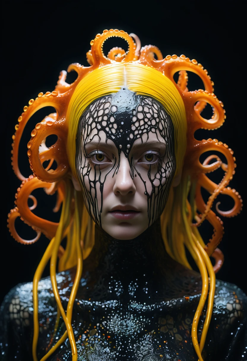 8K, ARTISTIC photogrAphy, best quAlity, mAsterpiece: 1.2), A (potrAit:1.2) witch BLOOD Toon Doll Cthulhu nun QUEEN, ORANGE many octopus style tentacles, full body RAW candid cinema, yellow hair, 16mm, color graded portra 400 film, remarkable color, ultra realistic, sad admosphere, dark lighting, oppressive atmosphere, depressive colors, kodak portra 400, photograph,r, Natural Light, Pinhead lighgts, blur reflection, Brush Strokes, Smooth, abstract, Splatter, Oil On Canvas, rainbow colors, fractal isometrics details bioluminescens : a stunning realistic photograph of wet bone structure, 3d render, octane render, intricately detailed, titanium decorative headdress, cinematic, trending on artstation | Isometric | Centered