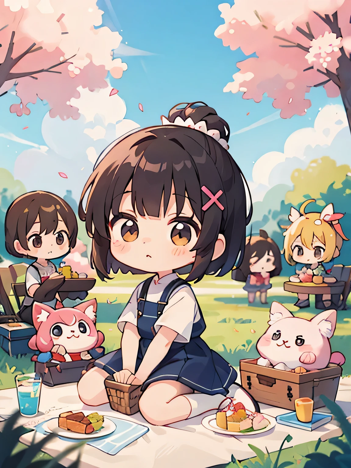 Momoko Sakura style, Kawaii Design, (((many people)))、most beautiful girl ever、Chibi, Colorful bob hair、((Lots of friends))、Picnic together