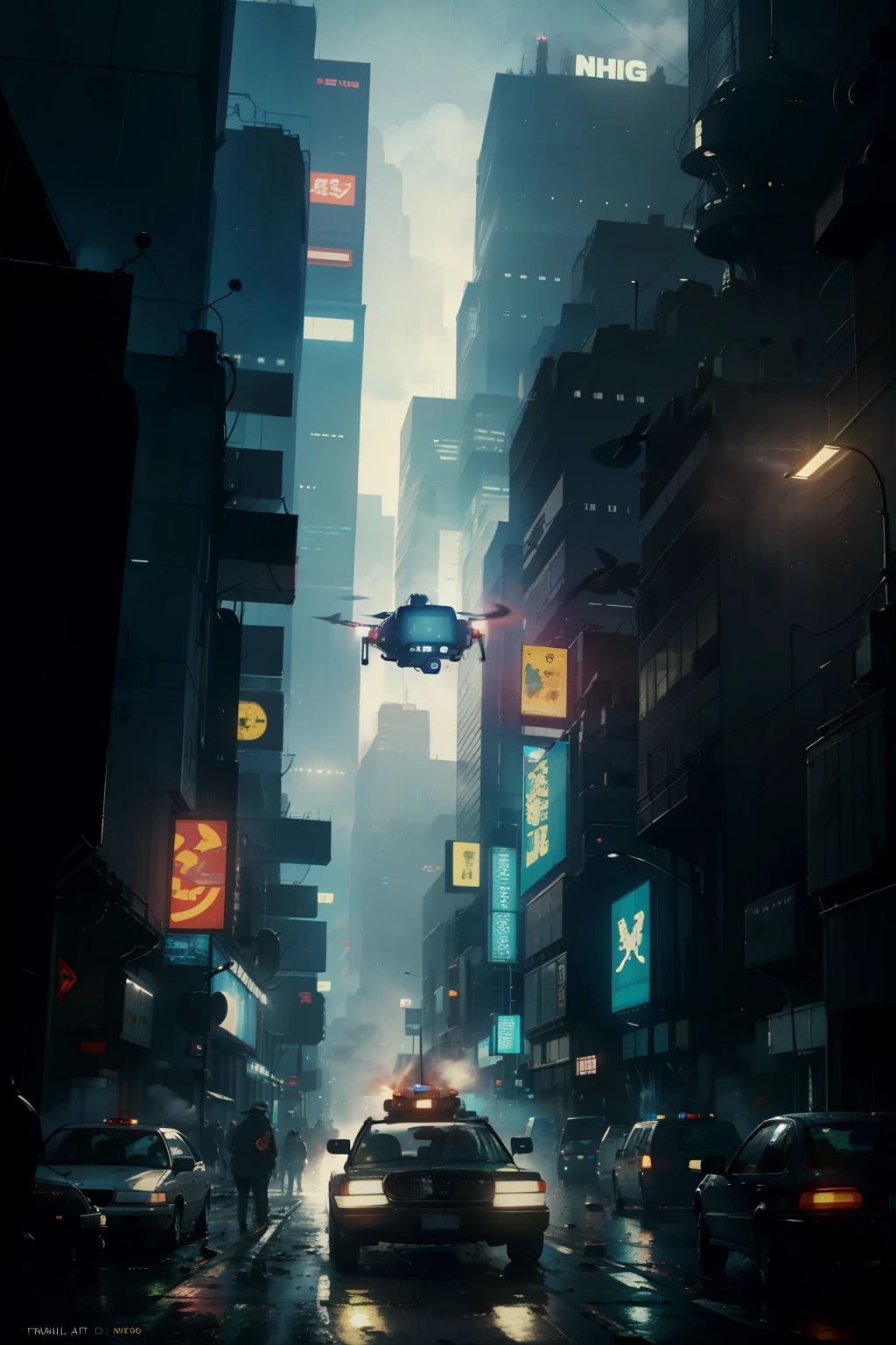 ((highest quality)), ((masterpiece)), (be familiar with), (High definition), (Accurate), (Realistic), (Cinematic), (Best Shadow), (Low contrast), (8K), Perfect Face, ((SYD MEAD style)), manga、mangaデザイン、Storyboard、Frame division、A large advertising drone flying in the sky、(Scramble crossing), Police Vehicles、(2Drone is flying)、The car is jammed、congestion, congestion, Decadent Future City, NEO TOKYO, A.D.2051, (steam:1.2), It's raining white, evening,