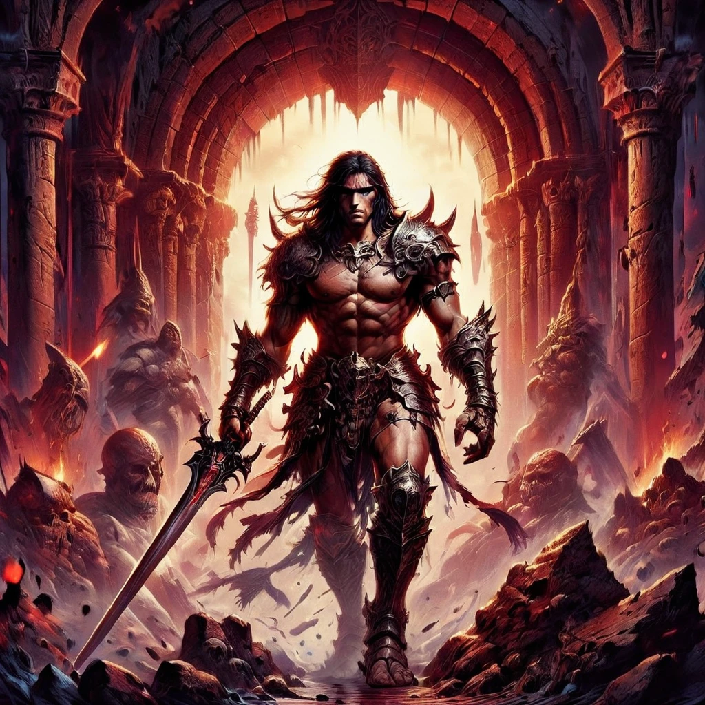 Conan the Barbarian-themed poster, 1980s atmosphere, big sword extended toward camera, epic textures, shot movement impression, filmlike and cinematic feel, high-resolution, ultra HD, realistic, vivid colors, UHD drawing, pen and ink style, perfect composition, octane rendering, dramatic lighting, ultra fine details.