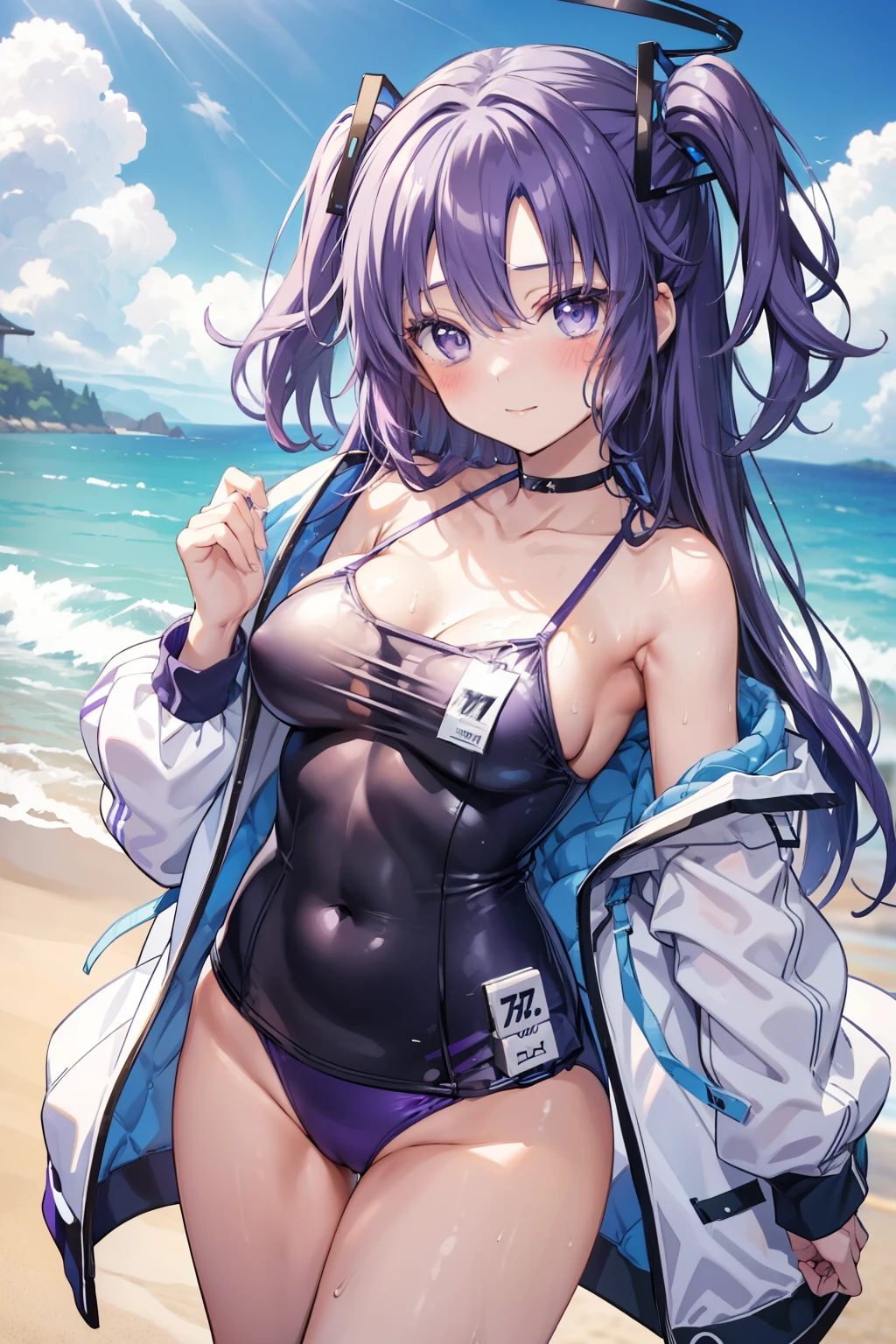 Yuka Hayase、Good looking girl (blush, Perfect Face), independent , Looking at the camera, masterpiece, Anime art style, Cute Characters, Most detailed, high quality、Nico Nico Smile、She is wearing a sexy purple swimsuit、In underwear、Purple hair and eyes、Coming to the sea、Showing armpits