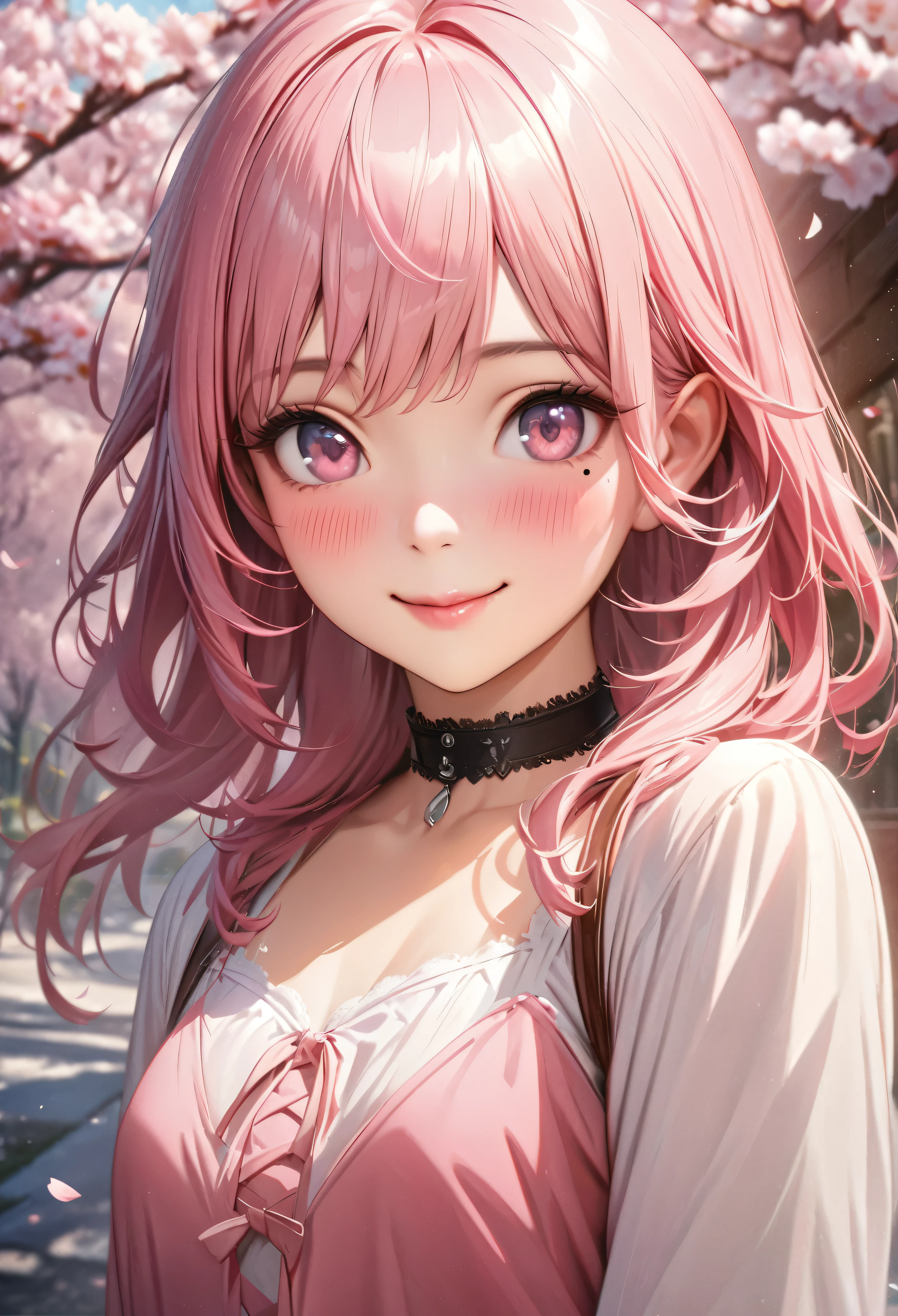 masterpiece, higst quality, highly detailed, high resolution, an high resolution, high resolution, 4k, 8k, unity 8k wallpaper, highly detailed cg, masterpiece, realistic, beautiful detail, depth, fine texture, hig hisst st quality: 1.3, total concentration, crisp skin, him, very cute anime, cute like an idol, high , pink long hair, one girl, high , spring, cherry blossoms, smile, long pink hair, whole body, Mole under his eye, line sight, high, blush, lips parted, he art, pink eyes, choker