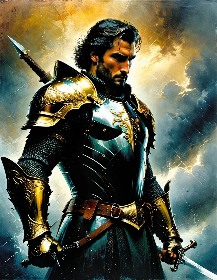 in style of Alex Maleev, beautiful details，(a close-up,high quality,32k),[sword],[knight],[armor],[detail:1.2],(gold),(steel),(sharp),(shiny),(ornate),(intricate),[helmet],(leather gloves),[focused],[determined],[heroic],[stern expression],(medieval),(fantasy),(commanding pose),[elaborate background],(dramatic lighting),(stormy atmosphere),(storm clouds),(majestic),(powerful),(intense),(imposing),(gazing into the distance)
