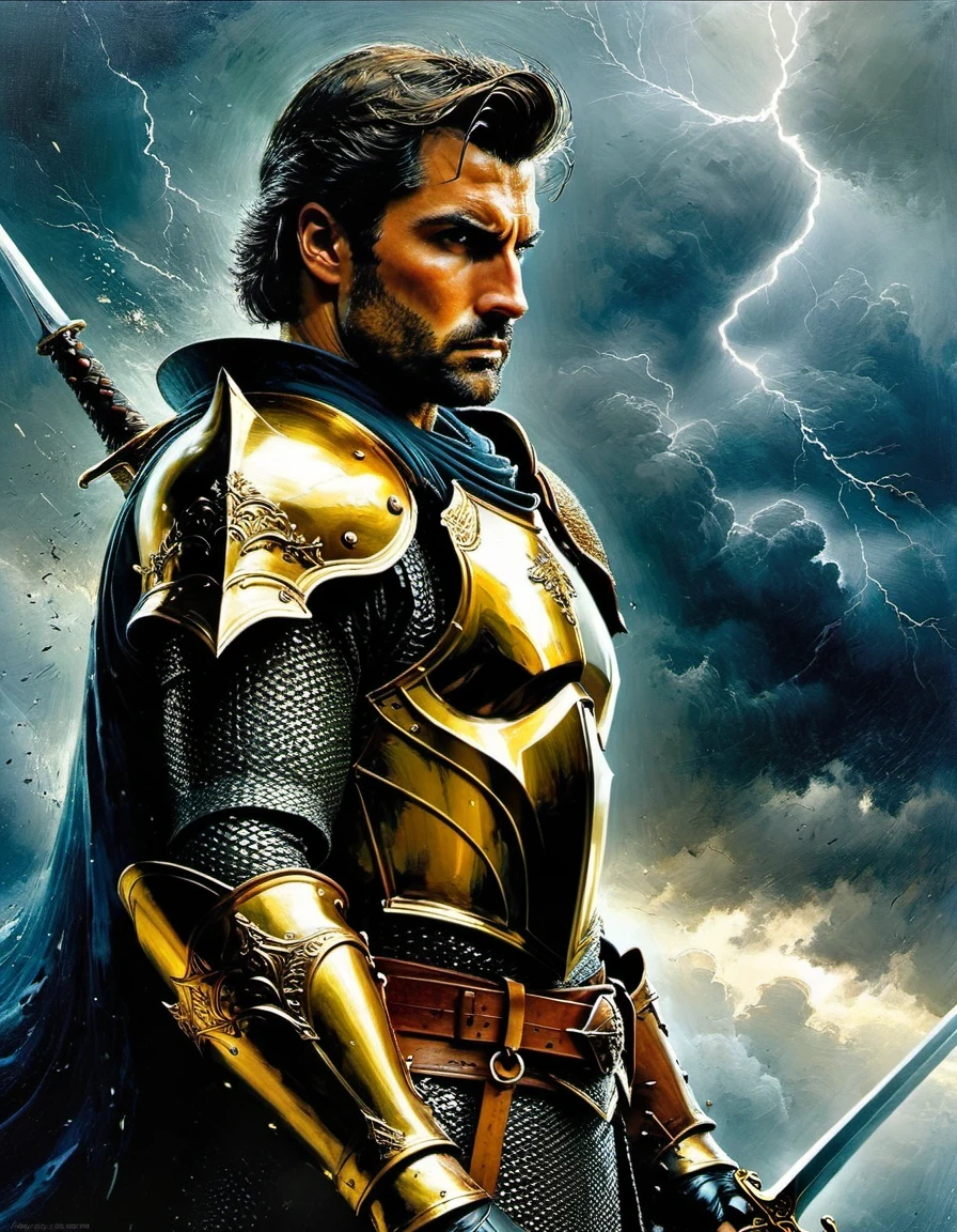 in style of Alex Maleev, beautiful details，(a close-up,high quality,32k),[sword],[knight],[armor],[detail:1.2],(gold),(steel),(sharp),(shiny),(ornate),(intricate),[helmet],(leather gloves),[focused],[determined],[heroic],[stern expression],(medieval),(fantasy),(commanding pose),[elaborate background],(dramatic lighting),(stormy atmosphere),(storm clouds),(majestic),(powerful),(intense),(imposing),(gazing into the distance)