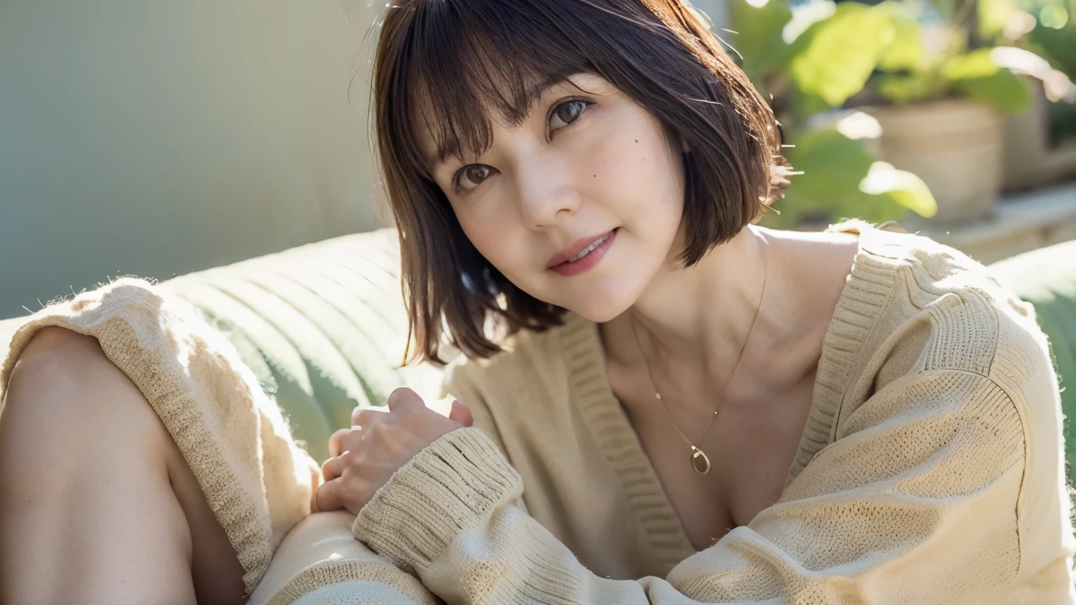 NSFW, ((Top Quality)), ((8K)), ((Masterpiece: 1.3)), (Perfect Appearance), (Photorealism: 1.6), (Japanese woman sitting on the couch), japanese woman, (48 years old), married woman, ((realistic skin texture)), (fine lines all over the skin: 1.0), dullness, lack of moisture, wrinkles on the face, wrinkles at the corners of the eyes, (double eyelids: 1.0, crying moles, Her lips are thinly parted, the corners of her mouth are raised in a gentle smile, dimples, short bangs, short hair, small breasts, summer sweater, tightly skirt, small nipples, (crossing legs), sitting on the couch, (crossing legs: 1.2), (whole body), low angle