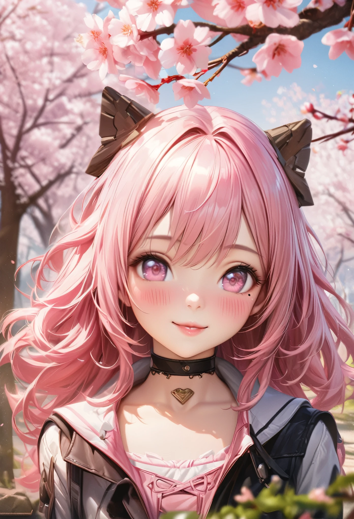 masterpiece, higst quality, highly detailed, high resolution, an high resolution, high resolution, 4k, 8k, unity 8k wallpaper, highly detailed cg, masterpiece, realistic, beautiful detail, depth, fine texture, hig hisst st quality: 1.3, total concentration, crisp skin, him, very cute anime, cute like an idol, high , pink long hair, one girl, high , spring, cherry blossoms, smile, long pink hair, whole body, Mole under his eye, line sight, high, blush, lips parted, he art, pink eyes, choker