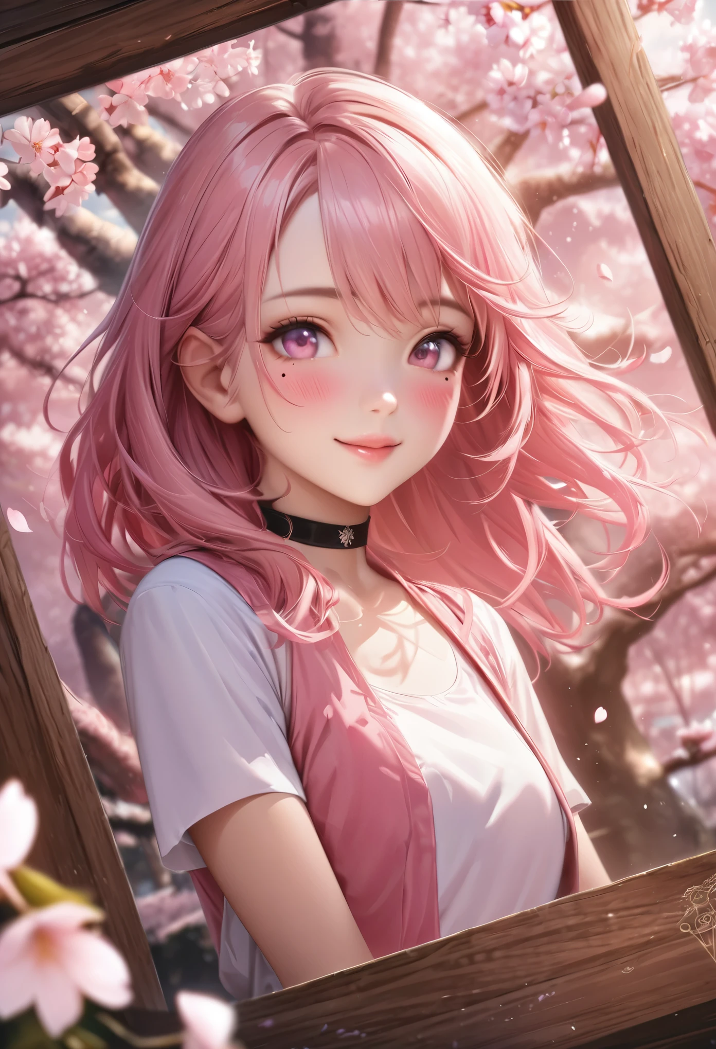 masterpiece, higst quality, highly detailed, high resolution, an high resolution, high resolution, 4k, 8k, unity 8k wallpaper, highly detailed cg, masterpiece, realistic, beautiful detail, depth, fine texture, hig hisst st quality: 1.3, total concentration, crisp skin, him, very cute anime, cute like an idol, high , pink long hair, one girl, high , spring, cherry blossoms, smile, long pink hair, whole body, Mole under his eye, line sight, high, blush, lips parted, he art, pink eyes, choker