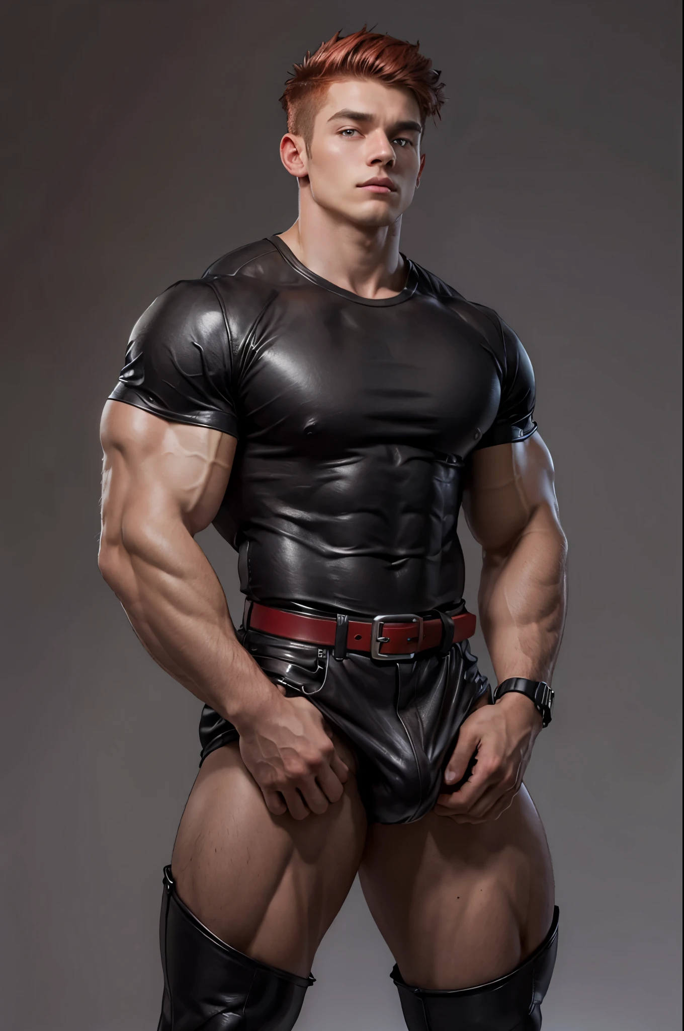 Masterpiece, Best Quality, Solo, Korean Men, studio simple background, Natural eyes, Short and delicate red hair, Sexy Man, looking up at the viewer,black tight T-shirt,black leather pants with belt, Small plots, Standing, Muscular posture,bodybuilder, Muscular body, big muscle