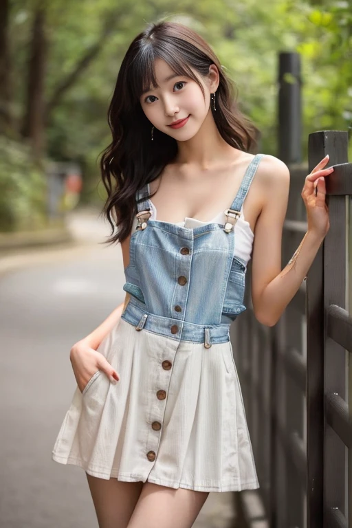 リアルな写真image quality、8kimage quality、Close-up of a woman in a short dress leaning against a fence, 日本人Fashion Model, Slim girl model photo, Beautiful girl model, Japanese Model, Beautiful model girl, Gorgeous Young Japanese Woman, Beautiful young Japanese woman, Fashion Model, wearing mini cart overalls, Beautiful Asian Girl, Japanese Girls, Under the overalls is a white camisole、Cute and adorable, cute beautiful, Cute young woman、looking at the camera、Path in the woods、Cute Smile、Slightly large breasts、Cleavage、wood々The path between