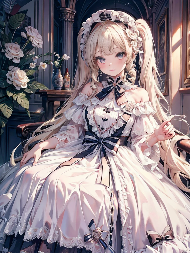 masterpiece, highest quality, High resolution, SA1, Floral Off-Shoulder Dress, sparkling eyes, false eyelashes, Platinum Blonde Twin Tails, Cute atmosphere, Rose,