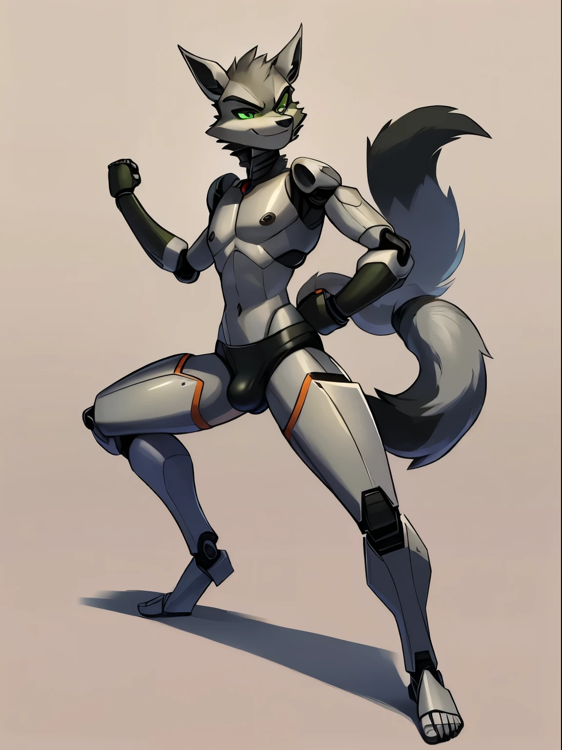 Male, robot Gray wolf, detailed green eyes, long tail, big nipples, slim, sly, simple background, smirk, bulge,  tail wrapping around body，((Fighting Stance))，((a robot wolf showing his sexy beautiful legs and feet))，(split)