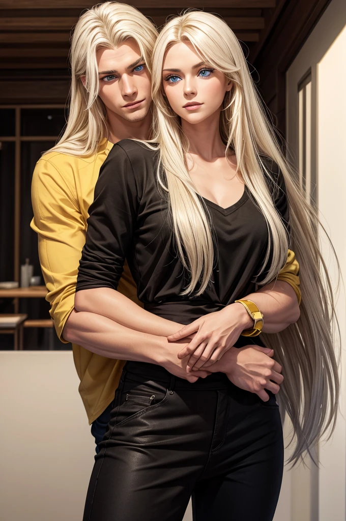 A tall, handsome, statuesque, masculine young man is a platinum blonde with long straight white hair, clear blue eyes, he is dressed in a black shirt, the sleeves of which are rolled up to the elbow, and classic black trousers, he hugs an incredibly beautiful femme fatale young woman with long golden hair, she has blue eyes, she is dressed in a simple yellow dress. Masterpiece, perfect image, realistic pictures, detailed face study, full-length image, 8k, detailed image. an extremely detailed illustration, a real masterpiece of the highest quality, with careful drawing.